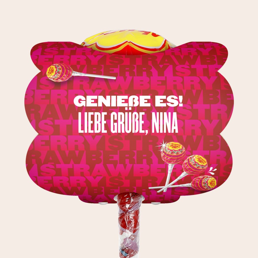 Mega Chupa Chups – personalisiert Mega Chupa Chups personalisiert Erdbeere 20 Lollis mit eigenem Namen und Botschaft wie Genieße es Liebe Grüße Nina bedruckt