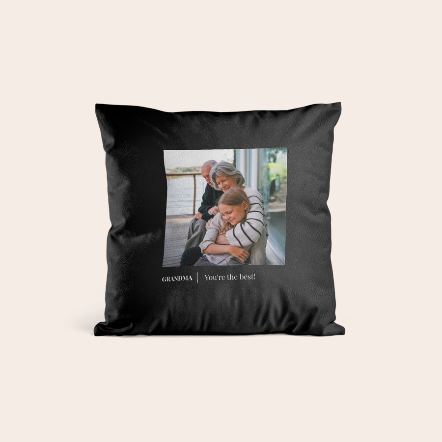 Personalised cushions & cushion cases Black personalized cushion printed with a photo of a family and the text Grandma You're the best