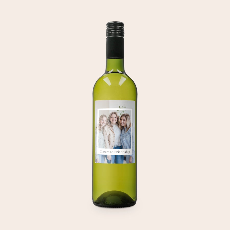 Personalised Wine - Belvy White Bottle of Belvy white wine with a printed photo of three women and the text Cheers to Friendship.