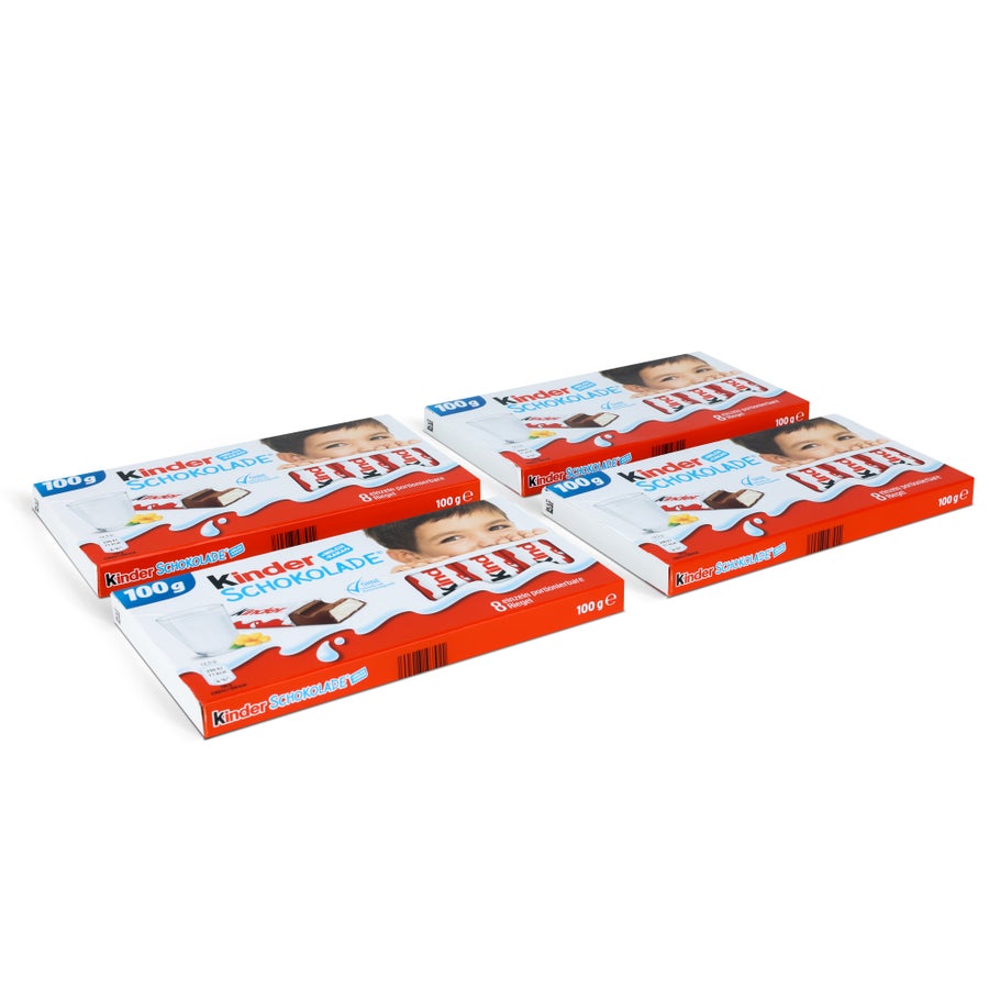 Vier Packungen personalisierte Kinder Schokolade 32 Tafeln, jeweils mit 100g, sichtbar. Jede Verpackung zeigt das bekannte Kinder-Gesicht und den Markennamen, bereit zur individuellen Gestaltung mit einem eigenen Foto oder Namen.