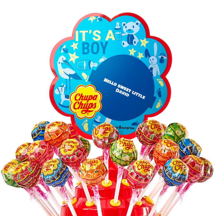 Turn Chupa Chups personalizat cu mesaj "IT'S A BOY" și numele DAVID, imprimat color.