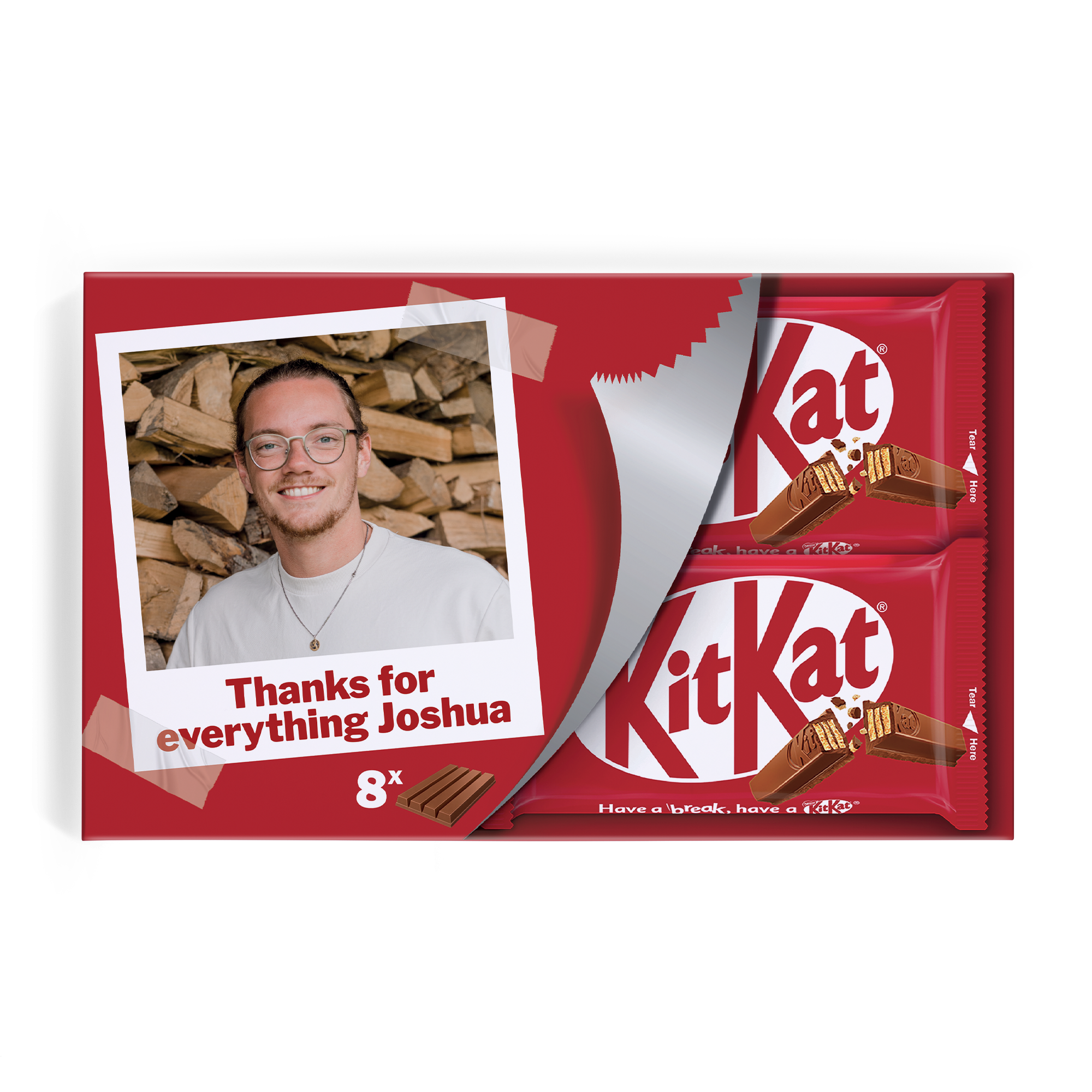 Darilna škatla KitKat Bars z natisnjeno osebno fotografijo in sporočilom "Thanks for everything Joshua"