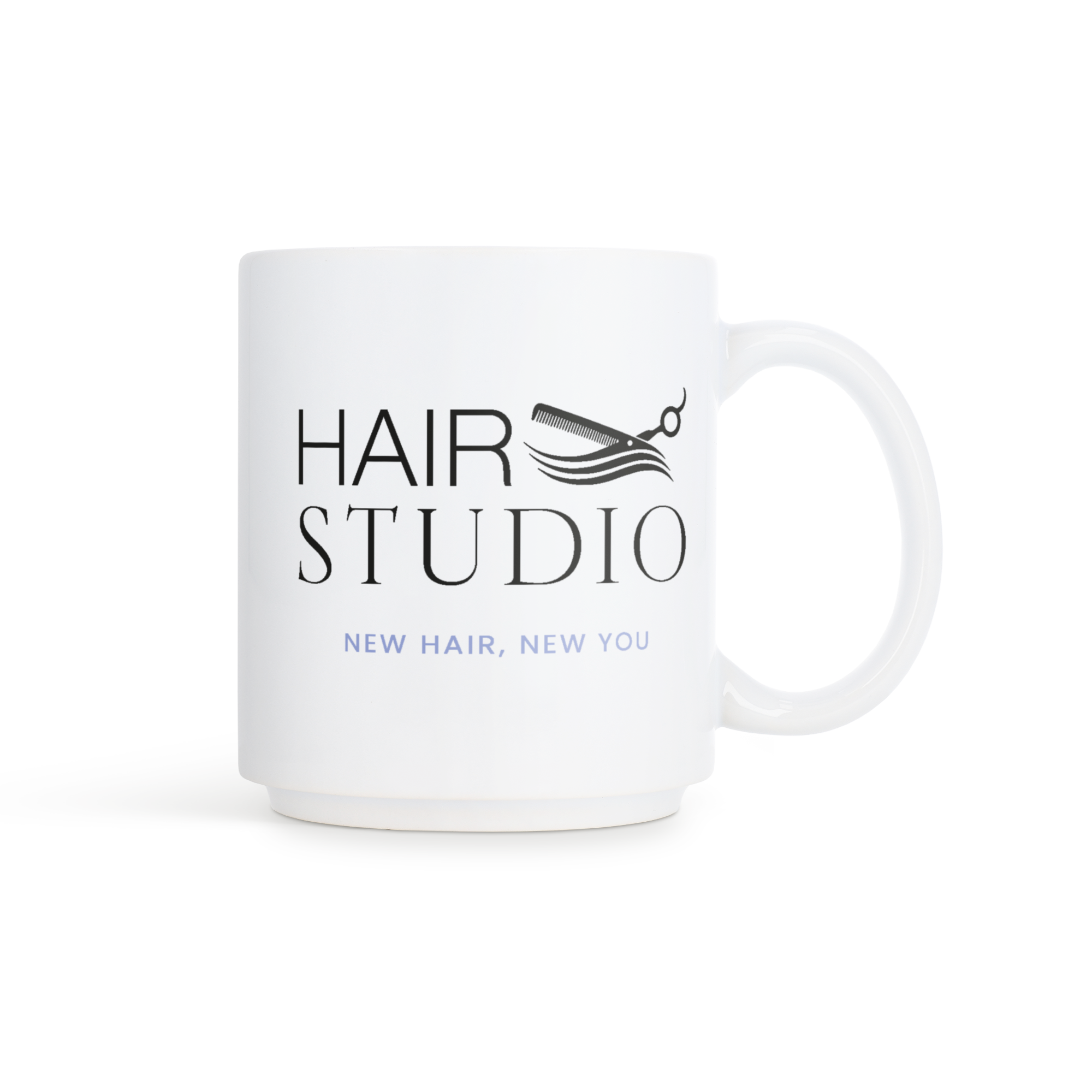 Stabelbart krus med printet "HAIR STUDIO NEW HAIR, NEW YOU" logo. Gør hver tår mindeværdig.