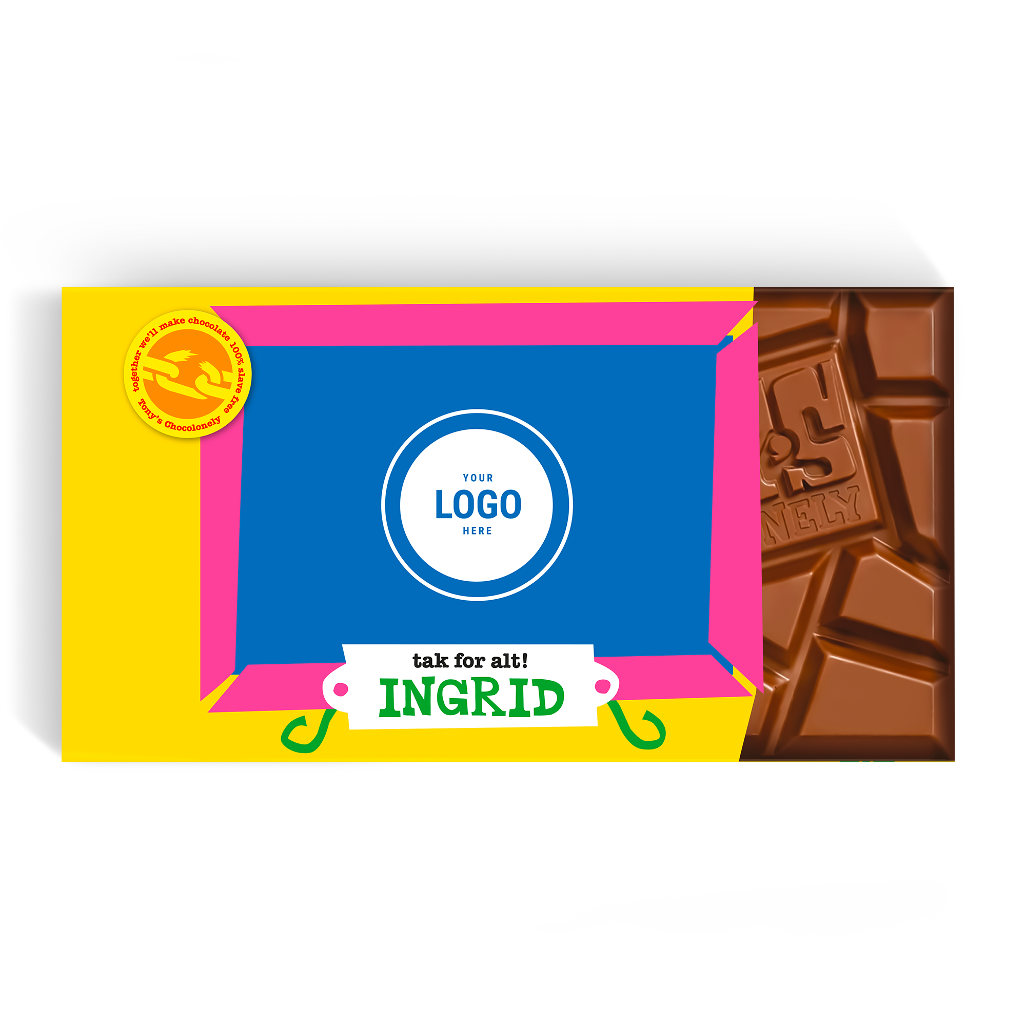 Tony's Chocolonely chokolade indpakket med et personligt foto og navnet Ingrid, trykt på emballagen.