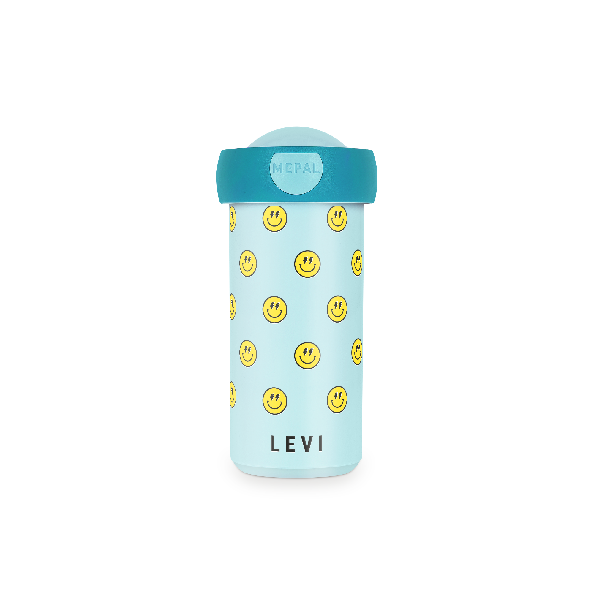 Personalisierter Schulbecher Mepal in Hellblau mit Smileys und dem Namen LEVI, bedruckt mit Farbdruck