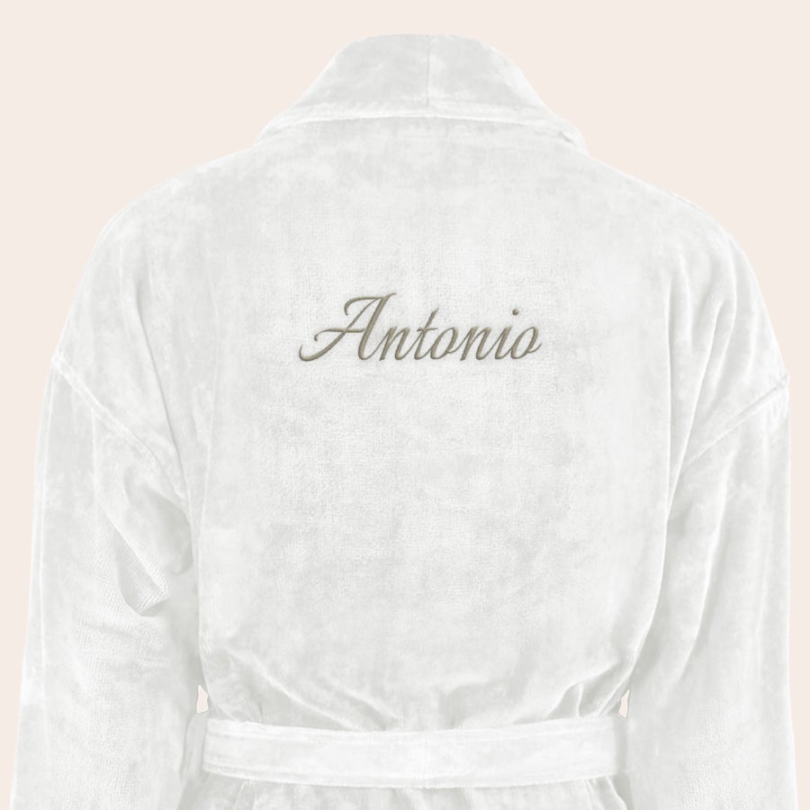 Peignoir Homme Personnalisé Peignoir homme blanc personnalisé avec prénom Antonio brodé en gris clair