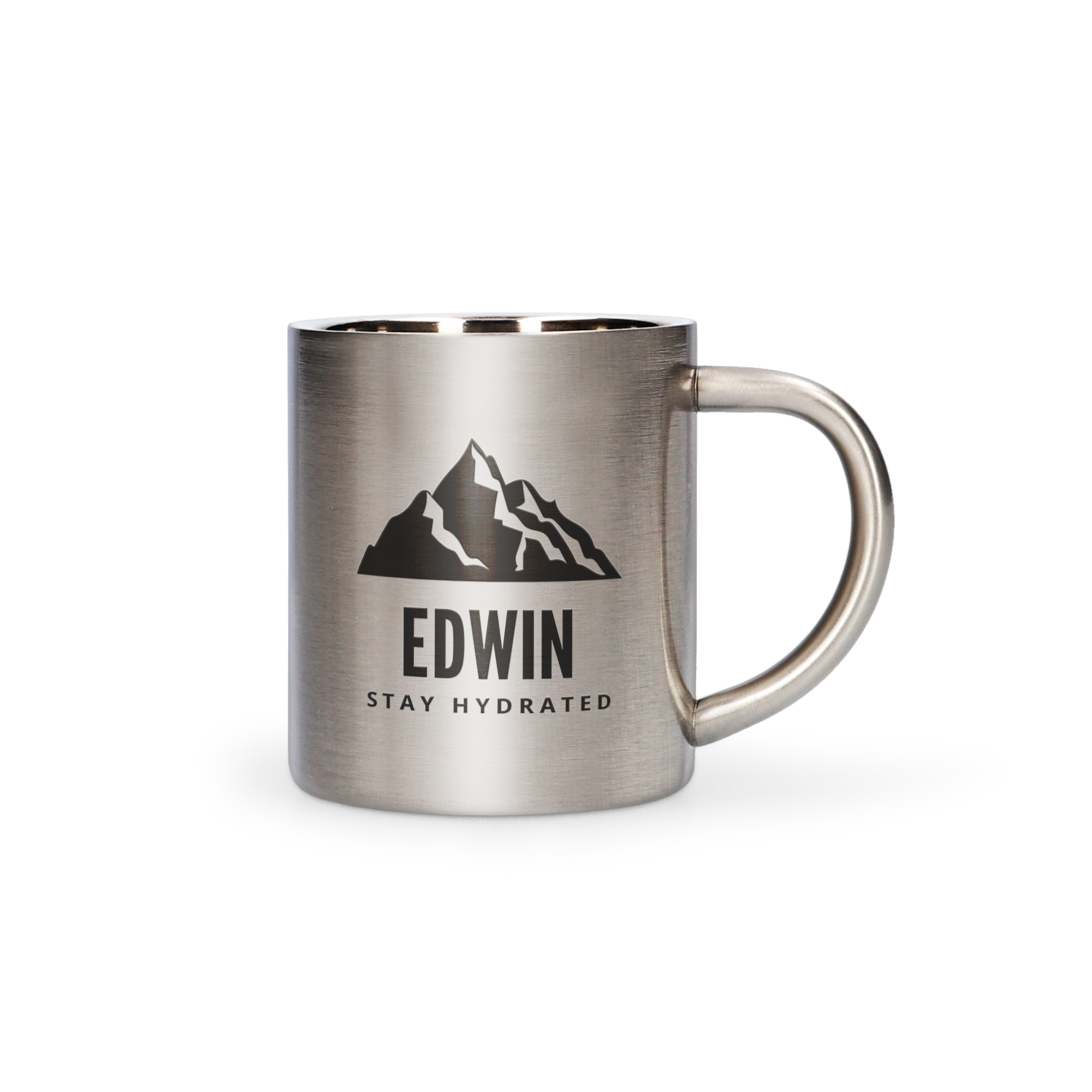 Ruostumattomasta teräksestä valmistettu muki omalla tekstillä EDWIN STAY HYDRATED kaiverrettuna, Anna lahjaksi suunnittelemasi muki ruostumattomasta teräksestä!