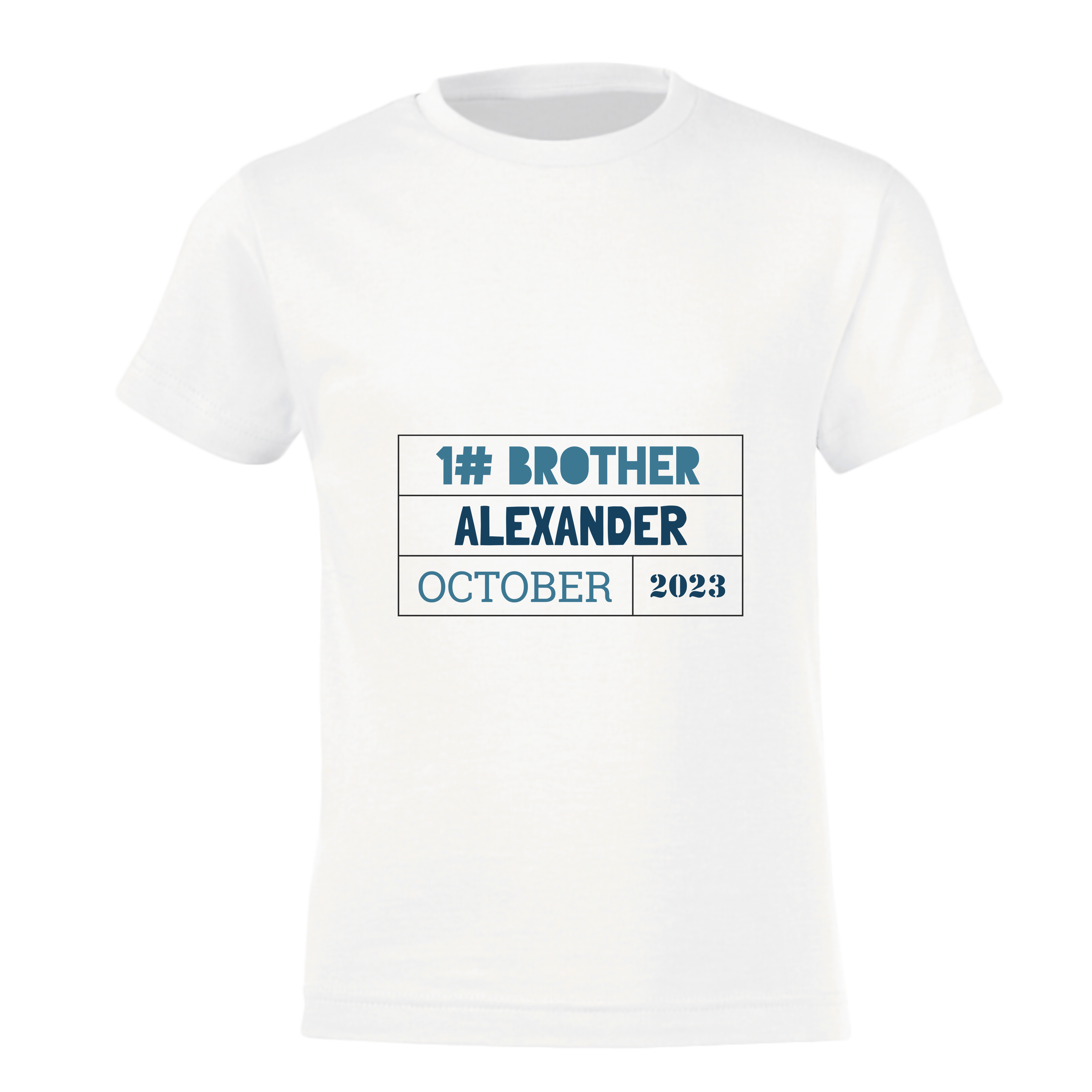 Biała koszulka dziecięca z nadrukiem "1# BROTHER ALEXANDER OCTOBER 2023", idealna do ogłoszenia ciąży
