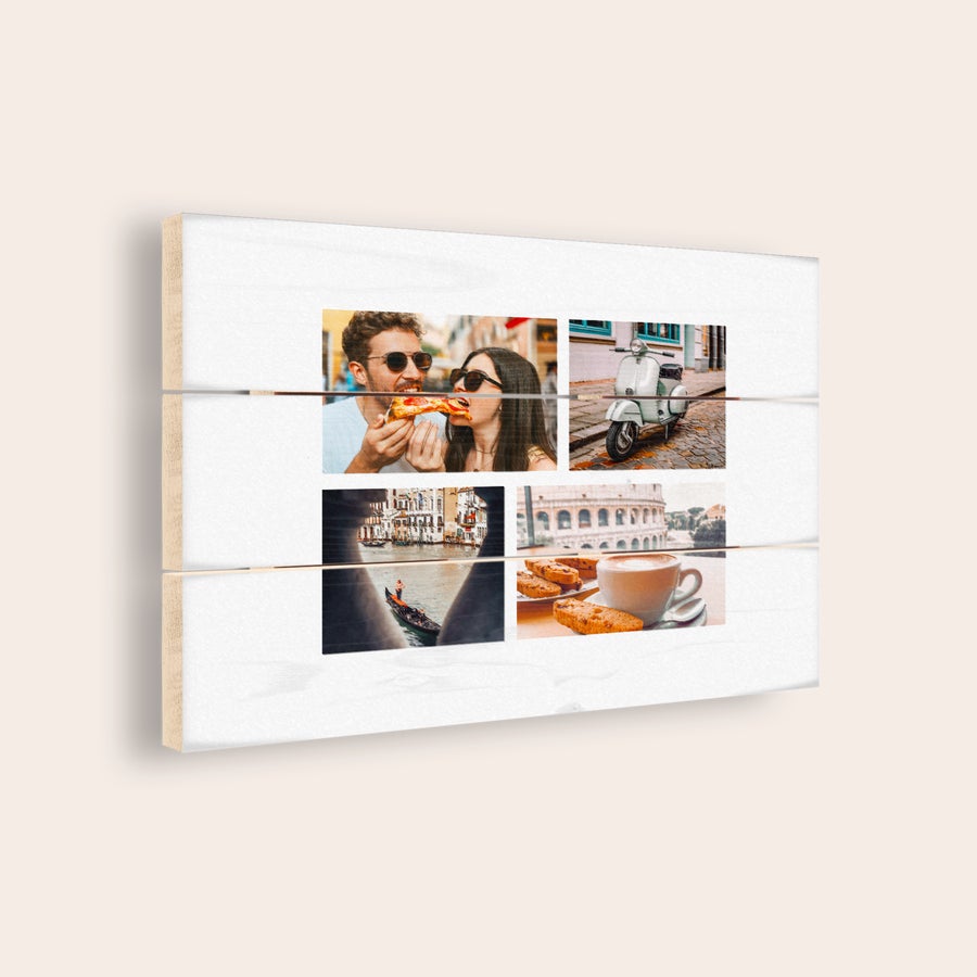 Photo on wood Whitewashed photo print on wooden planks showing various travel pictures including a couple eating pizza, a scooter, a gondola, the Colosseum, and coffee.