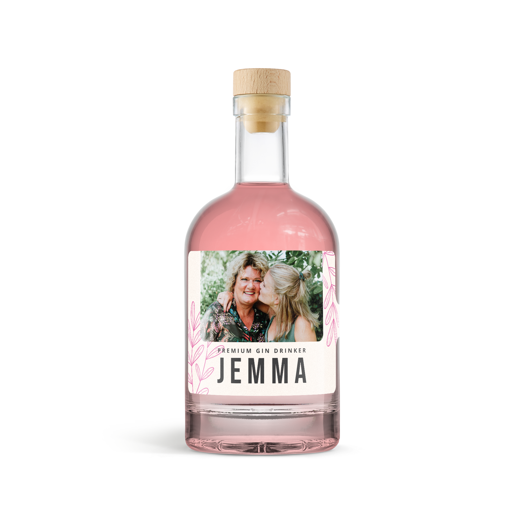 Bouteille de pink gin avec étiquette personnalisée imprimée avec photo et texte Jemma