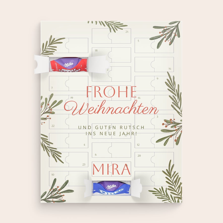 Milka Favourites Adventskalender 2025 Personalisierter Adventskalender mit Milka-Schokolade, bedruckt mit dem Namen Mira und Frohe Weihnachten, um bis Weihnachten runterzuzählen.