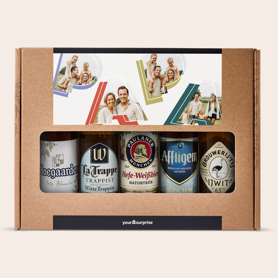 Gepersonaliseerd bierpakket Gepersonaliseerd Weizen-bierpakket met familiefoto's in full colour op de verpakking en 5 speciaalbieren