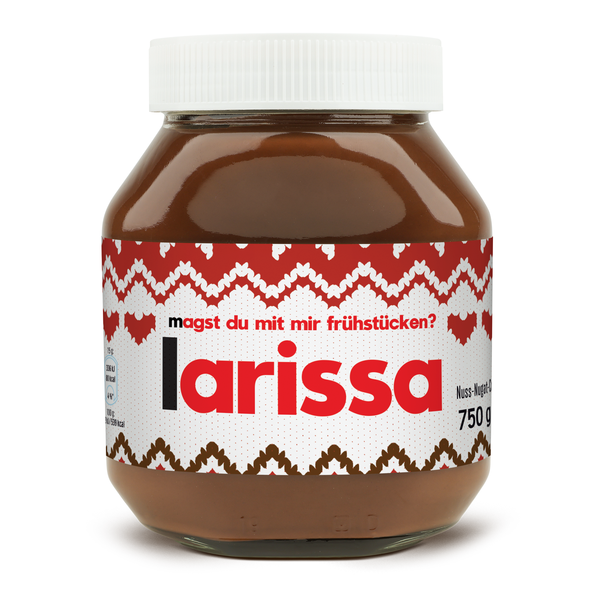 Ein großes nutella Glas, bedruckt mit dem Namen Larissa und der Frage 