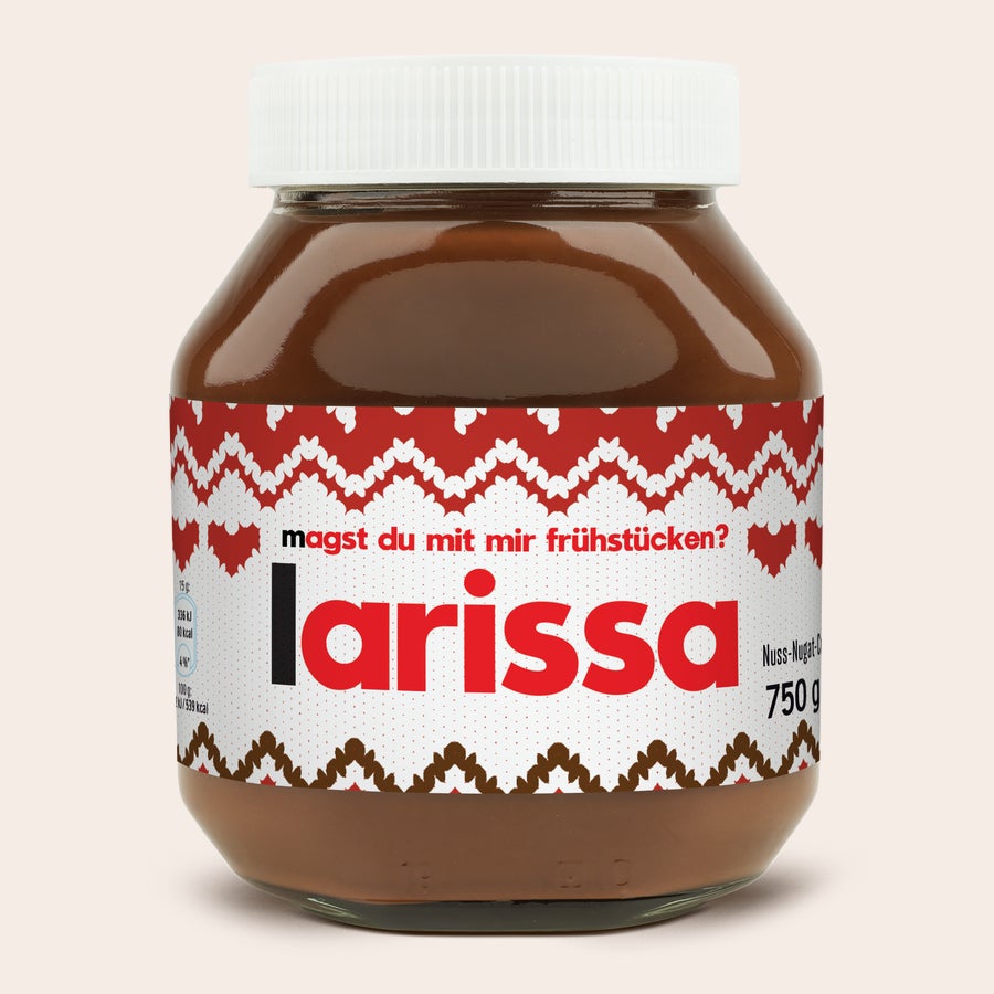 Personalisiertes nutella®-Glas Ein großes nutella Glas, bedruckt mit dem Namen Larissa und der Frage