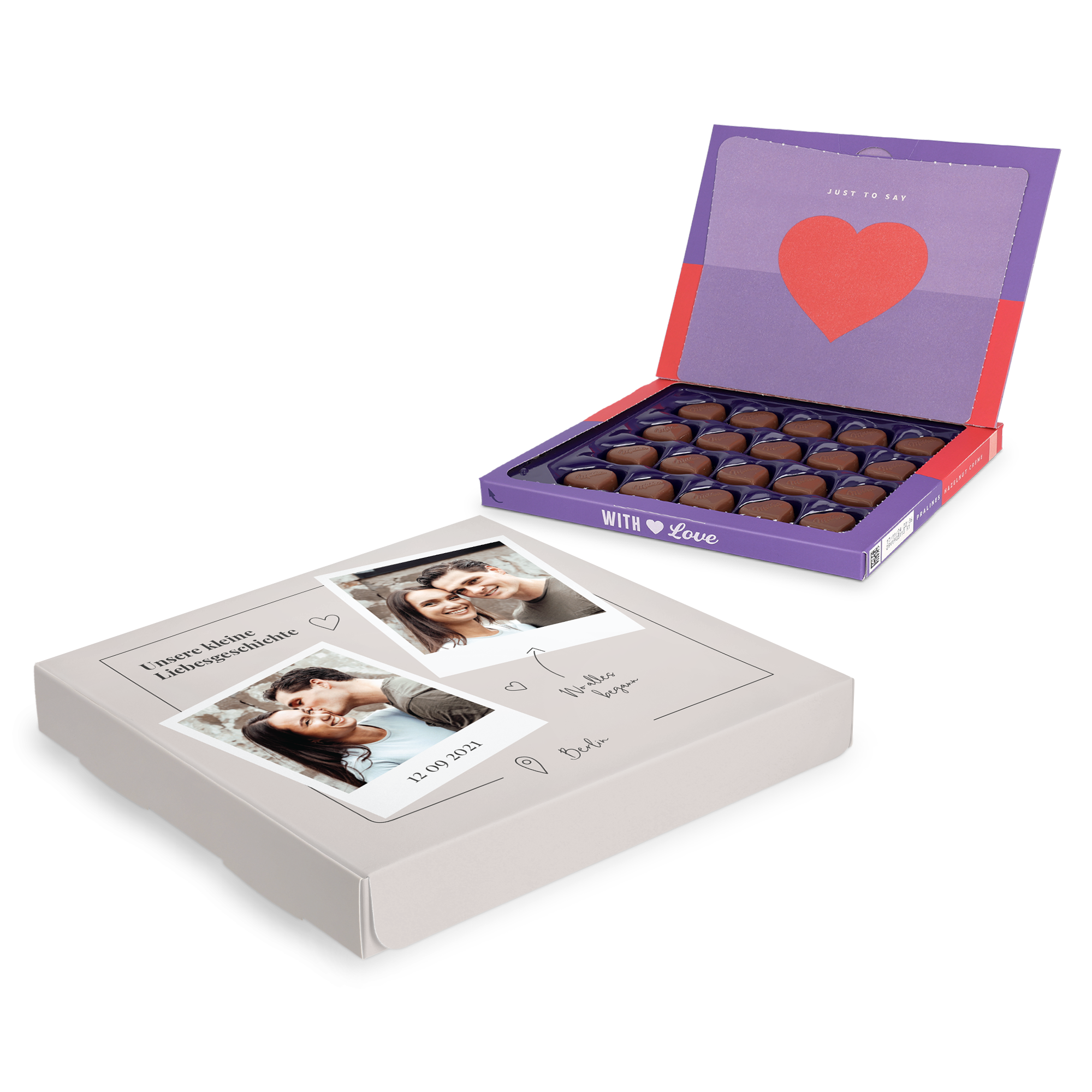 Personalisierte Milka-Geschenkbox mit Ihrem Design, bedruckt mit Fotos, Datum, Orten und Text "Unsere kleine Liebesgeschichte"