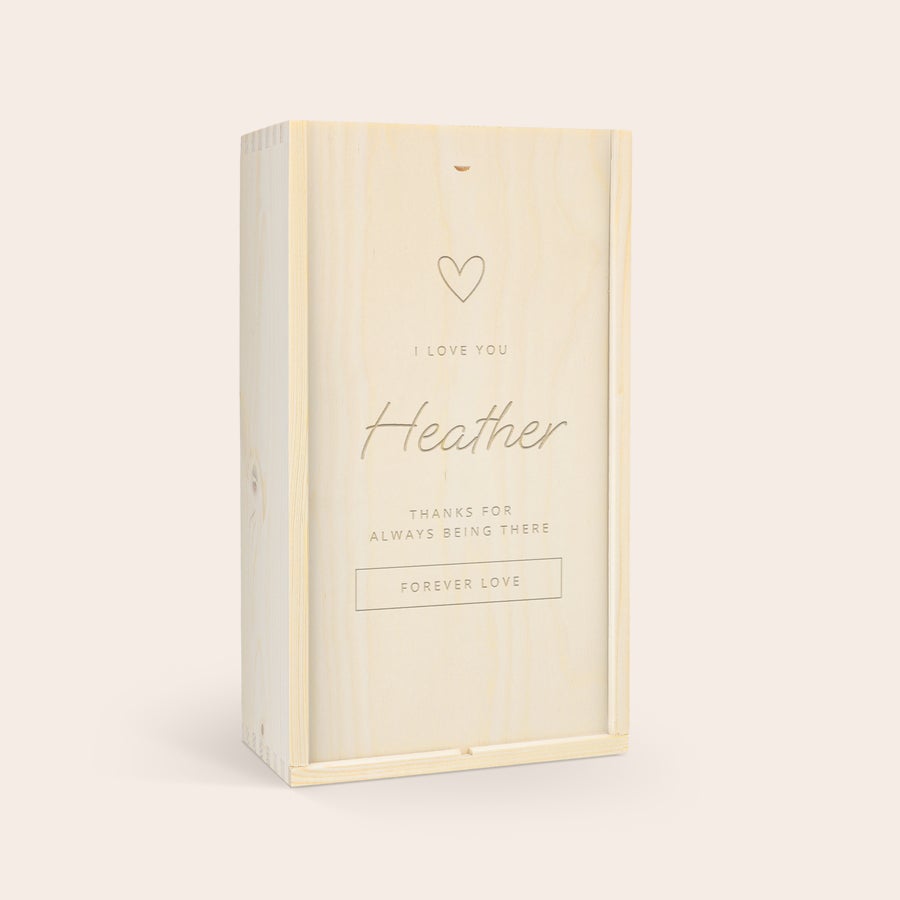 Personalised Wooden Gift Box Personalised wooden case engraved with I Love You Heather a heart and Forever Love