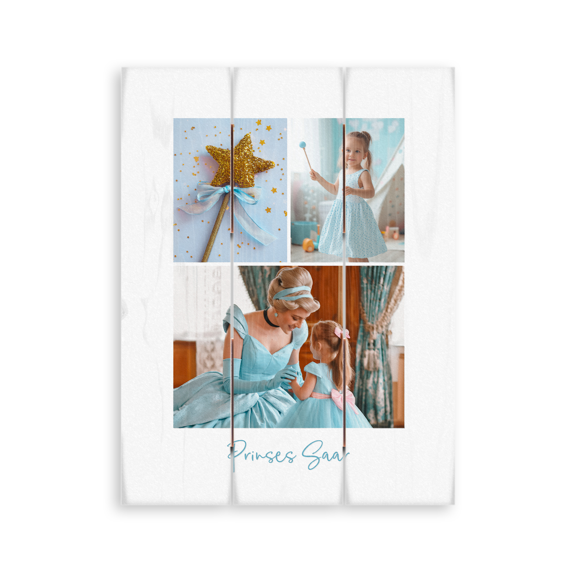 Foto op hout met geprinte foto's van een klein meisje met een toverstaf en prinses en de tekst Prinses Saar