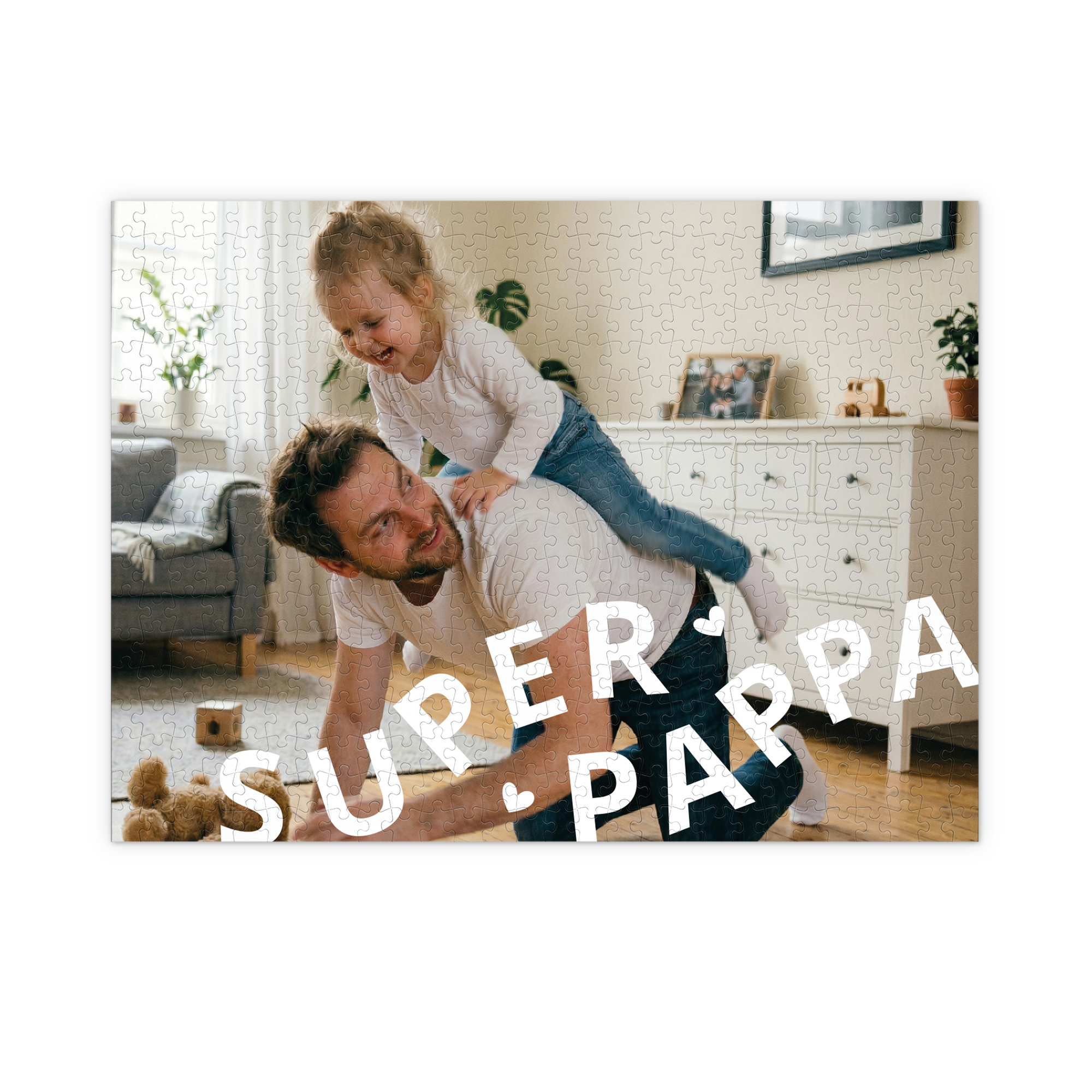 Farsdag puslespill med eget motiv - 500 biter, trykket med bilde av far og datter og teksten SUPER PAPPA for en personlig gave.