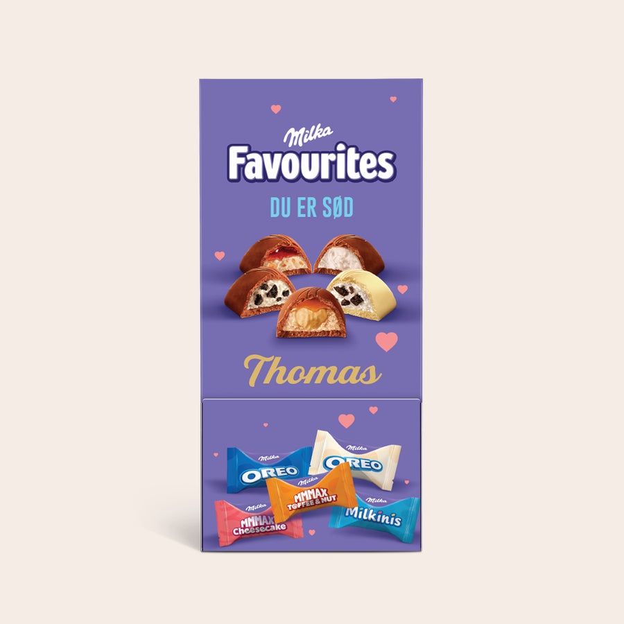 Milka Favourites chokolade dispenser Milka Favourites chokolade dispenser med "Du er sød" og personliggjort med navnet "Thomas" trykt på forsiden.