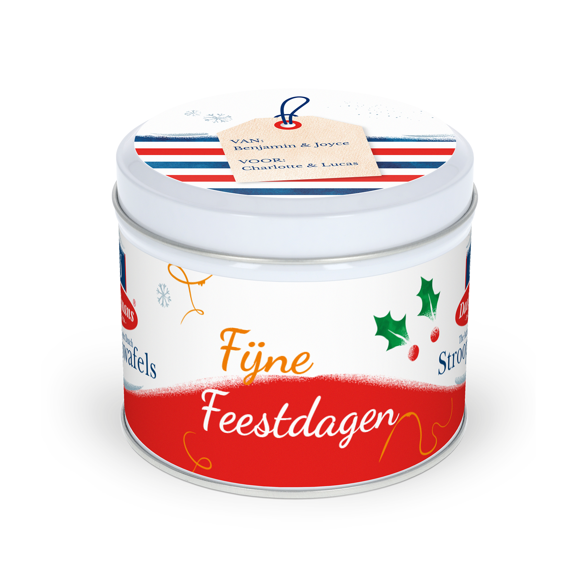 Stroopwafels in gepersonaliseerd blik - Rond met kerstdesign en de namen Benjamin & Joyce voor Charlotte & Lucas