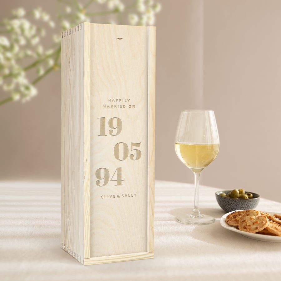 Personalised Wooden Gift Box Personalised wooden case engraved with Happily Married On, 19 05 94, Clive & Sally