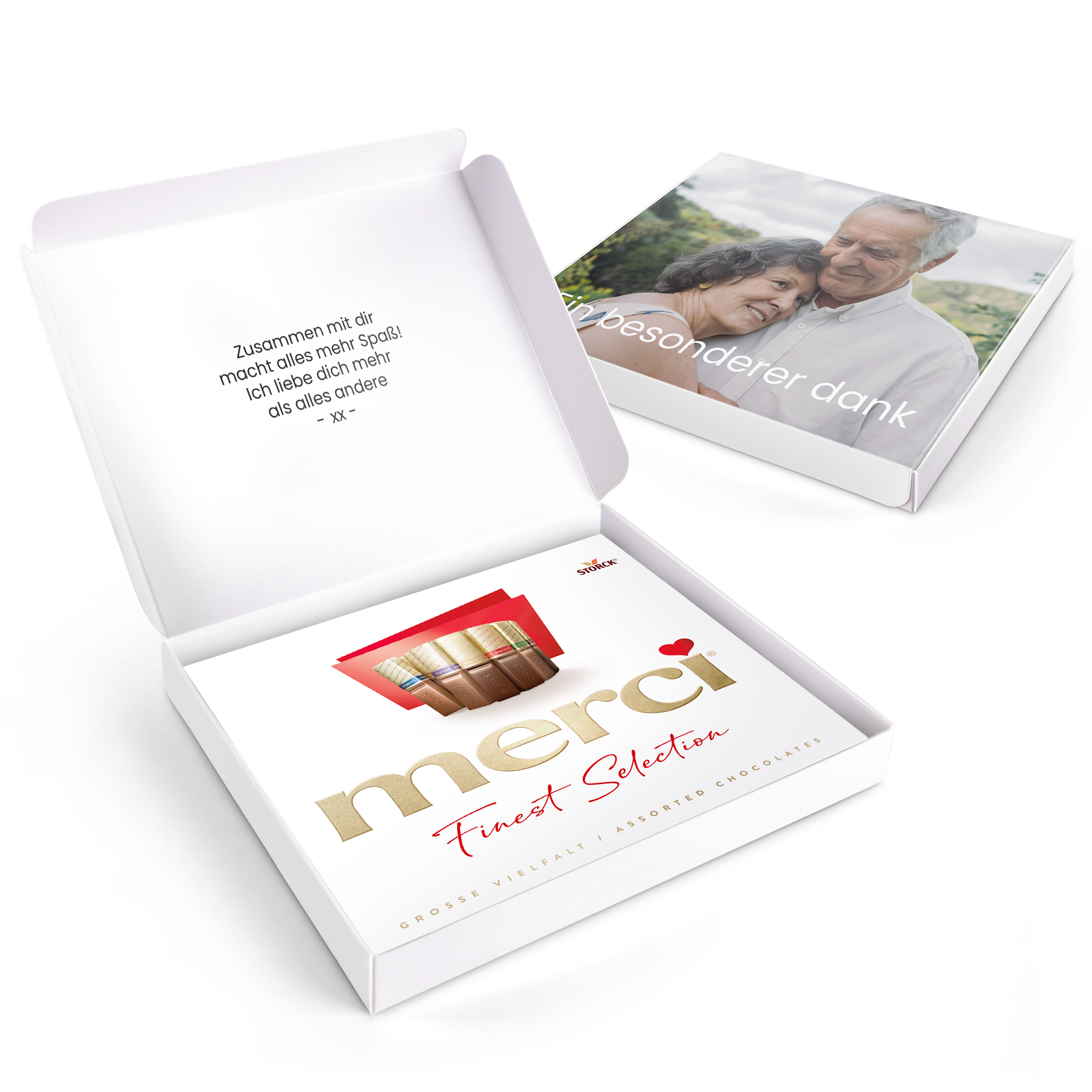 Personalisierbare Merci Schokolade 250 Gramm mit Foto und Text auf der Verpackung bedruckt, ideal als Geschenk.