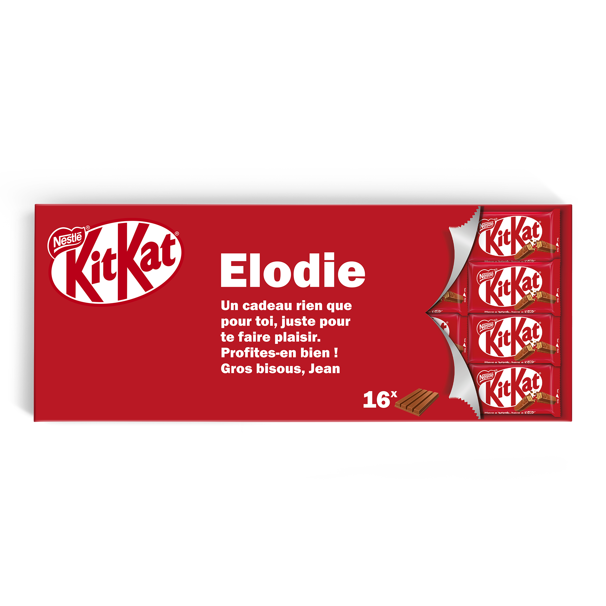 Paquet de chocolat KitKat XL personnalisé avec le nom Elodie et un message imprimé