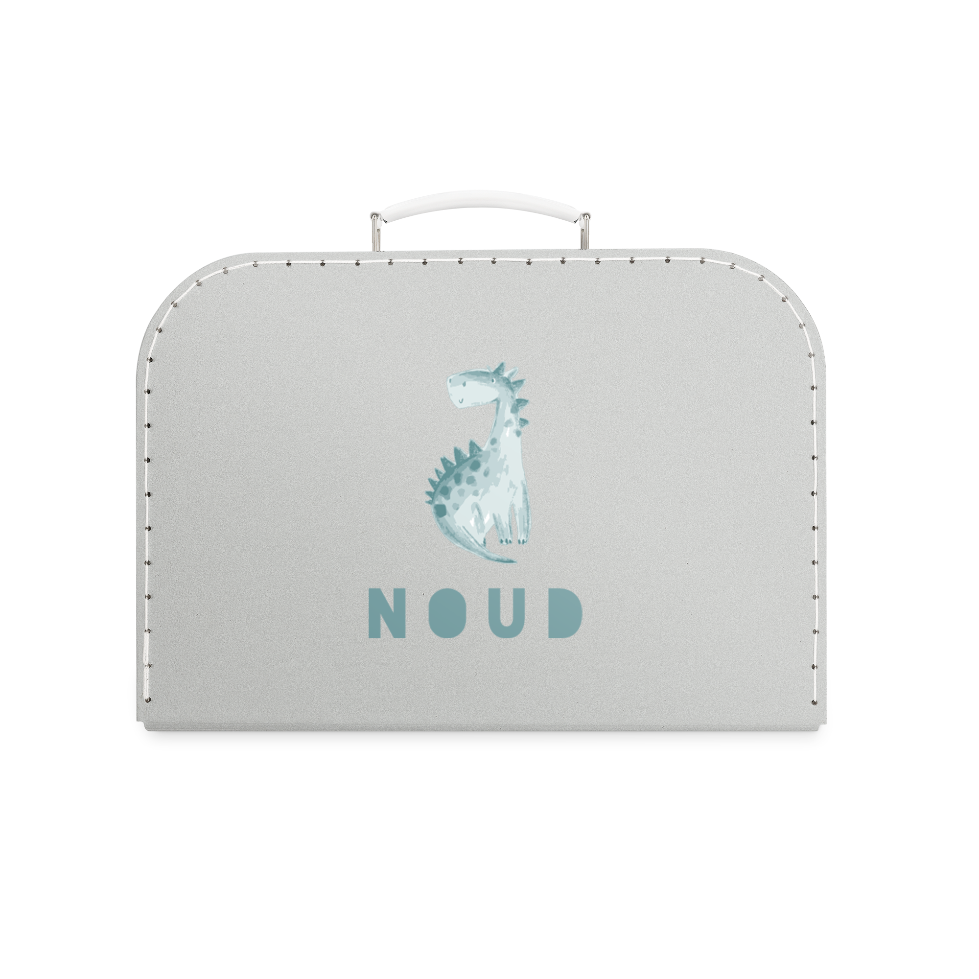 Grijze bedrukte kinderkoffer met dinosaurus en de naam NOUD in blauw, gepersonaliseerd met eigen tekst.