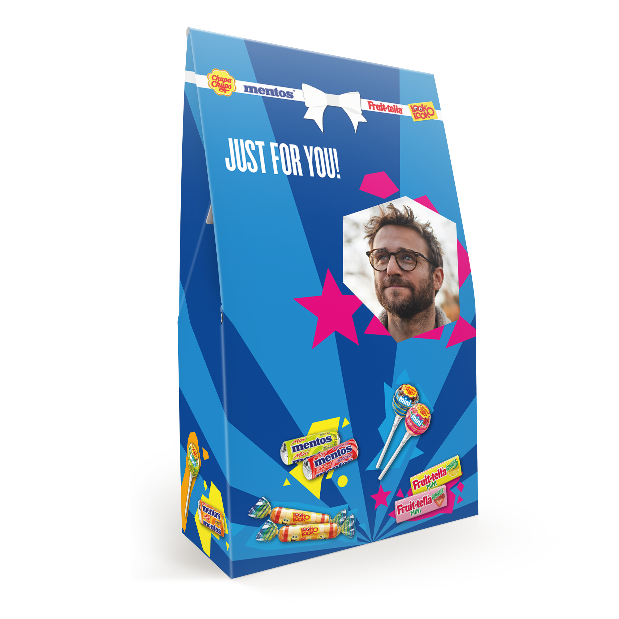 Personalised Fruit-tella candy mix with a mans photo, text Just For You, and candy wrappers printed in full color