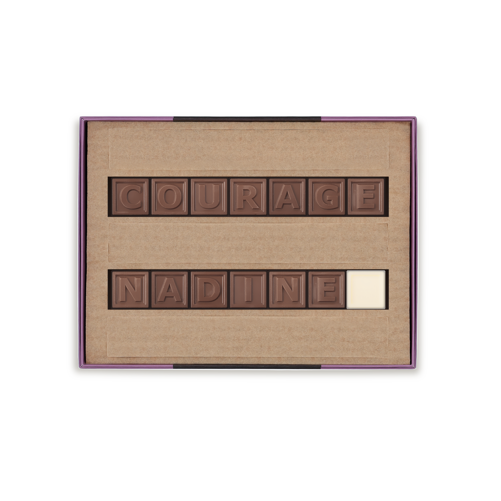 Chocotelegram personnalisé Courage Nadine, avec message en chocolat au lait dans une boîte cadeau violette.