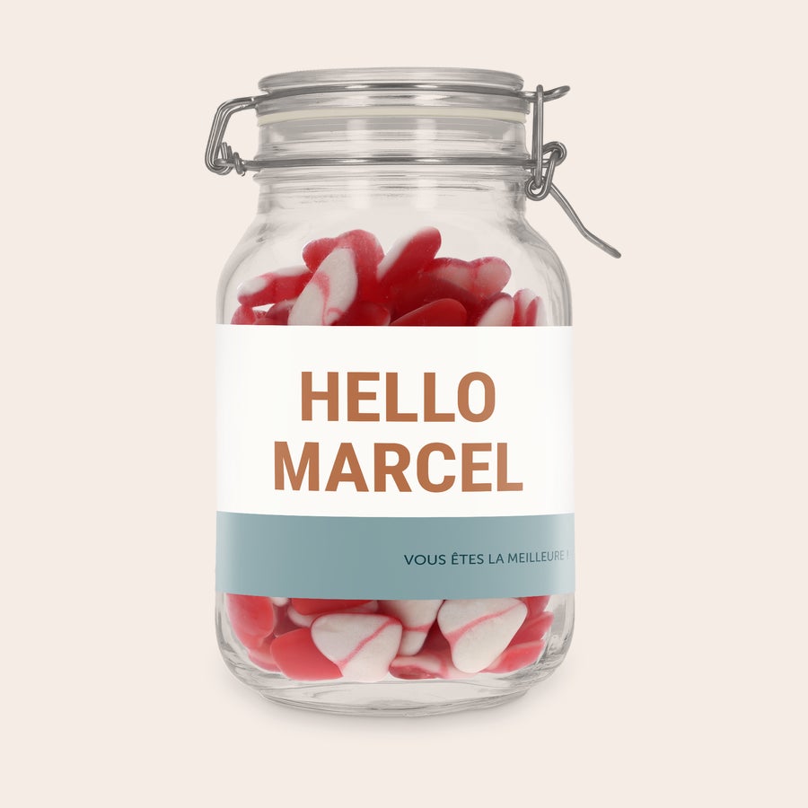 Bocal à bonbons personnalisé Bocal à bonbons personnalisé avec des cœurs, imprimé "HELLO MARCEL" et "VOUS ÊTES LA MEILLEURE"