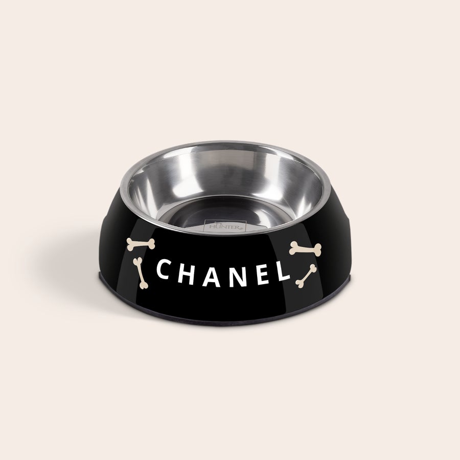 Gamelle pour chien Gamelle noire personnalisée pour chien, avec bol amovible en acier inoxydable, imprimée du nom Chanel et d'os.