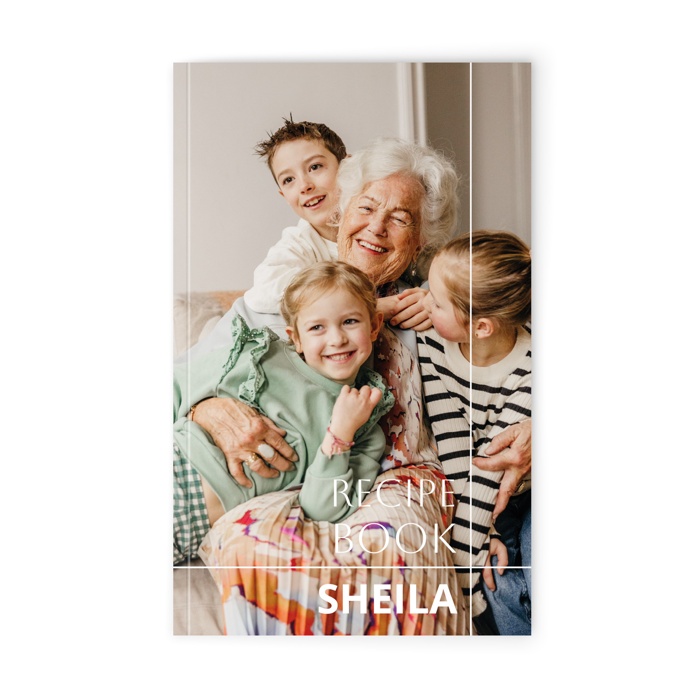 Personalized notebook with a photo of a grandma and three children printed on the cover, featuring the text "RECIPE BOOK SHEILA"