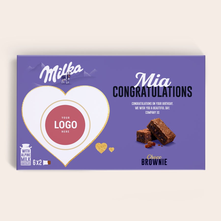 Milka Brownies Personalizirana darilna škatla Milka Choco Brownie z imenom Mia in voščilom, natisnjena s prostorom za fotografijo.
