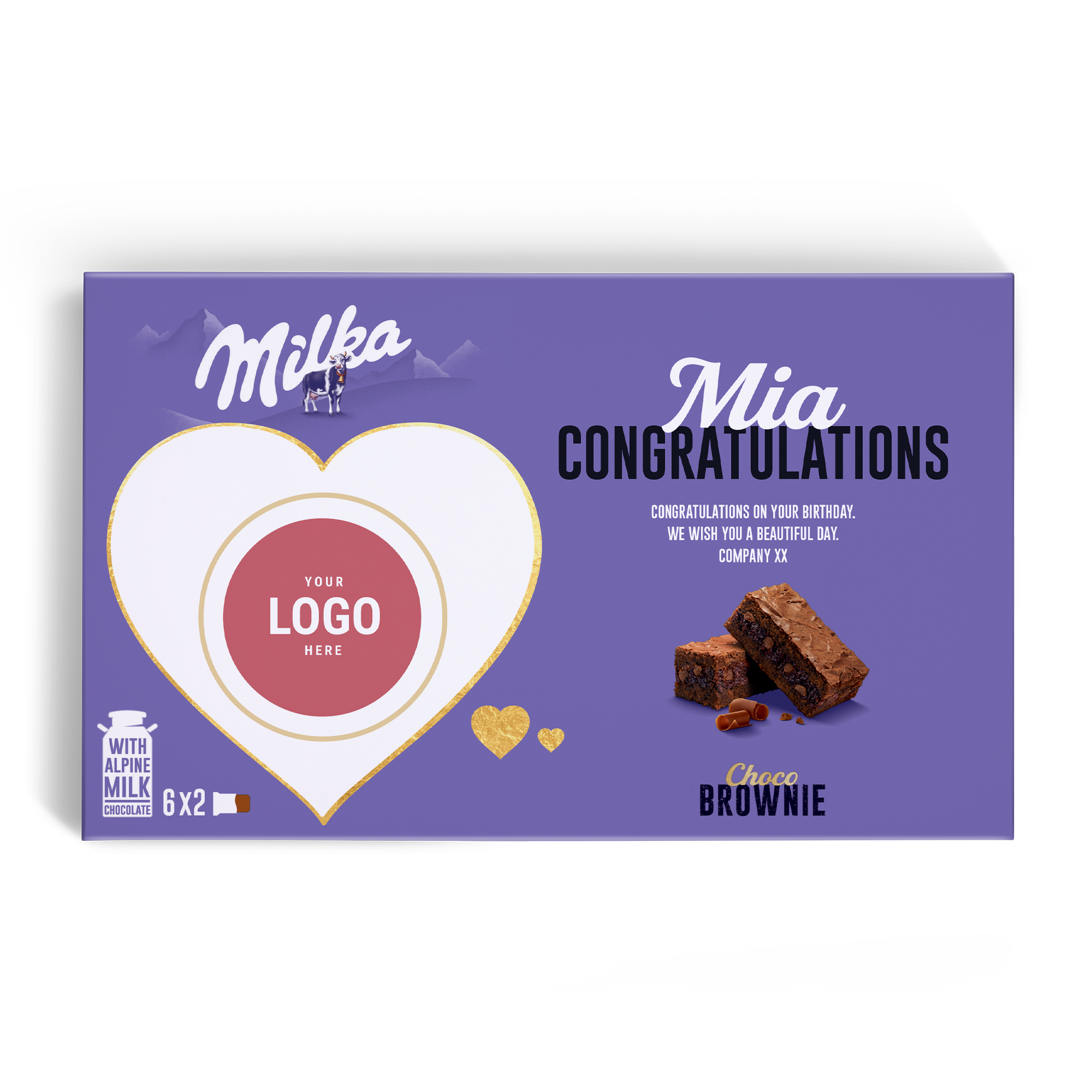 Spersonalizowane pudełko upominkowe Milka Choco Brownie z logo, imieniem Mia i gratulacjami, z nadrukiem czekoladowych ciasteczek.