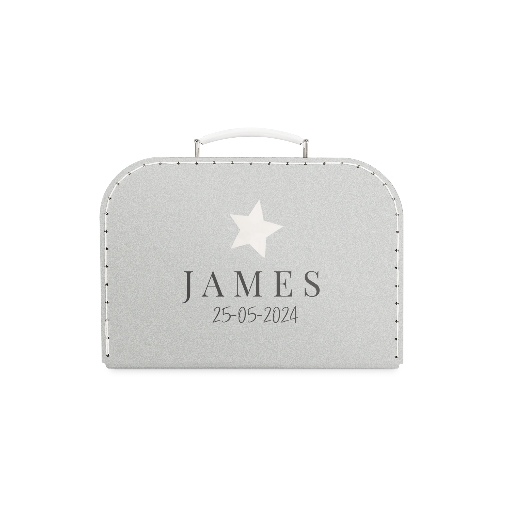 Maleta de juguetes gris personalizada, impresa con estrella, el nombre James y fecha 25-05-2024. Un compañero de viaje exclusivamente suyo.