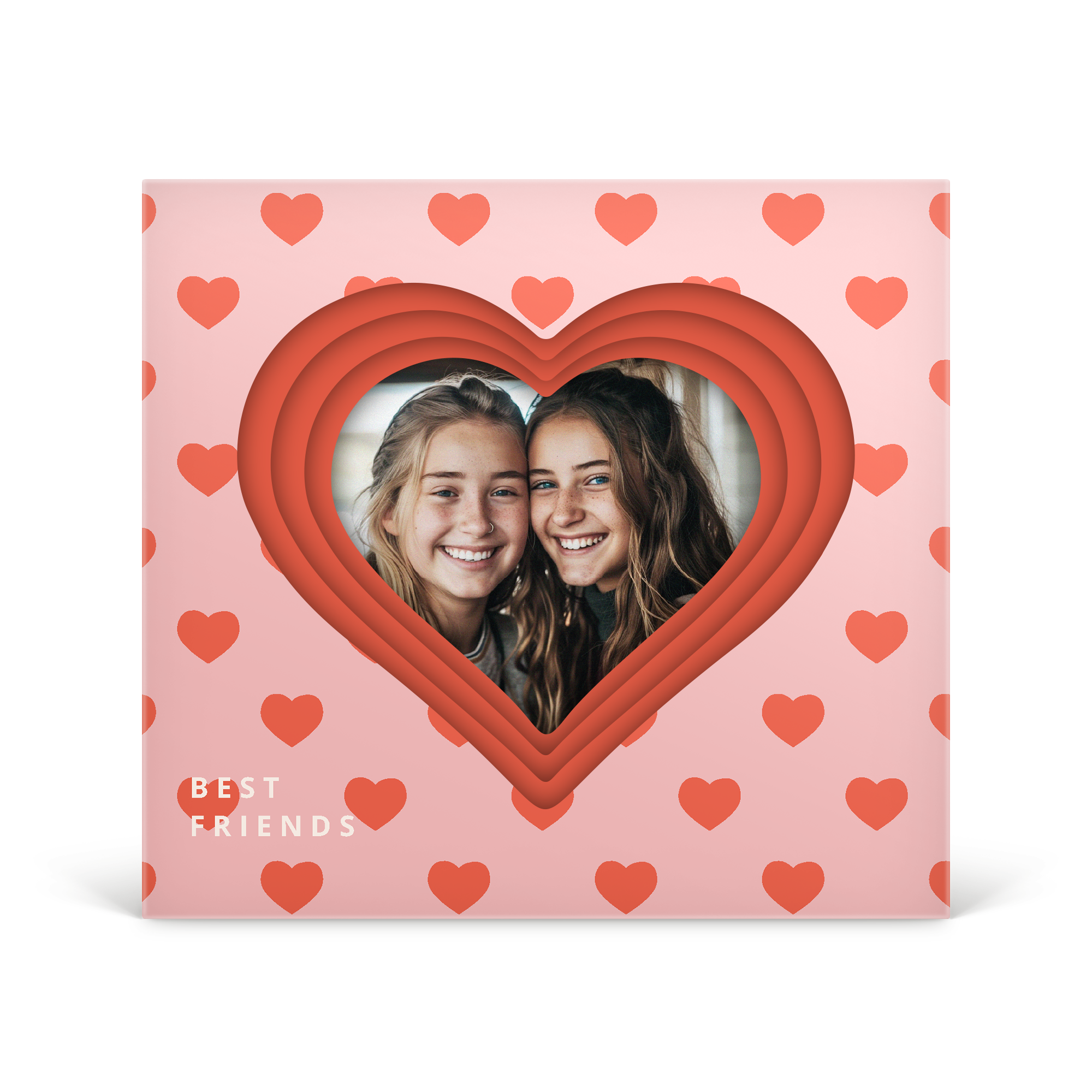 Milka Hearts 3D díszdoboz rózsaszín szívmintával, személyre szabott fotóval és Best Friends felirattal, prémium csokoládéval töltve