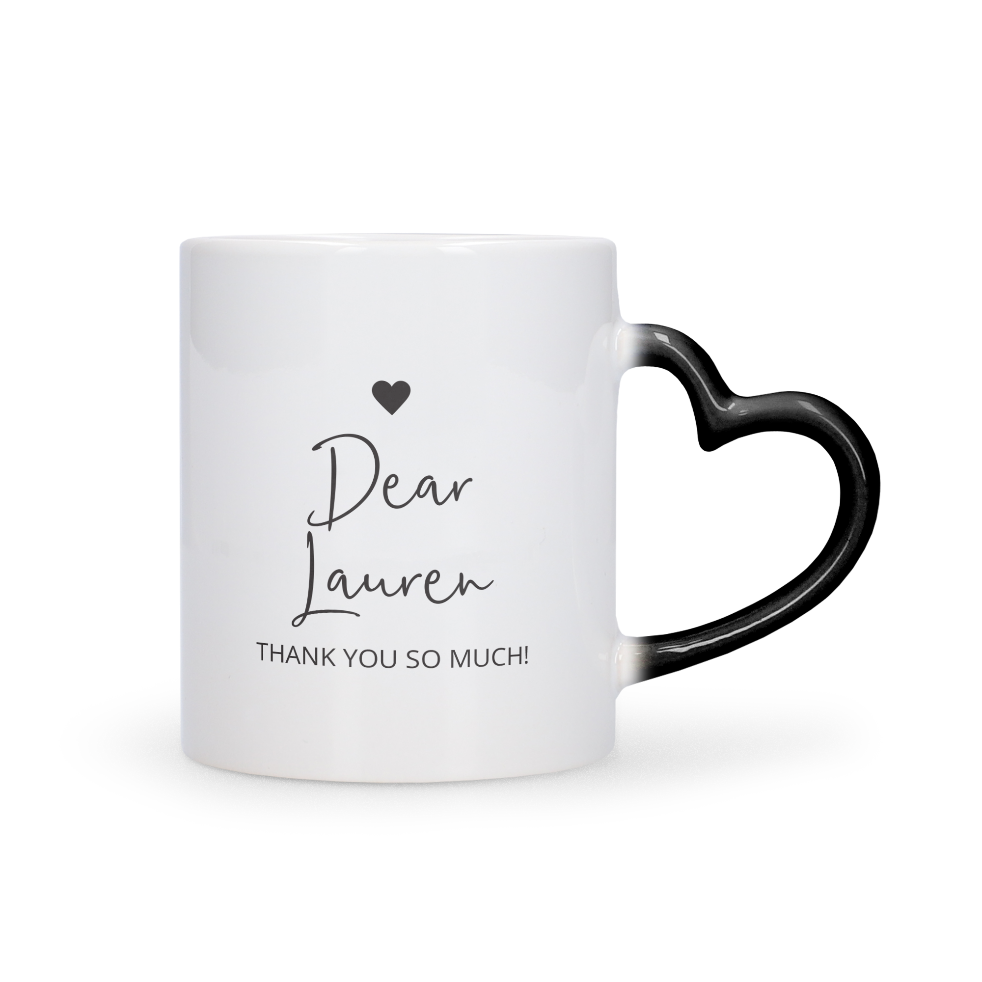 Bílý potištěný magický hrnek se srdíčkovým uchem s textem Dear Lauren a poděkováním