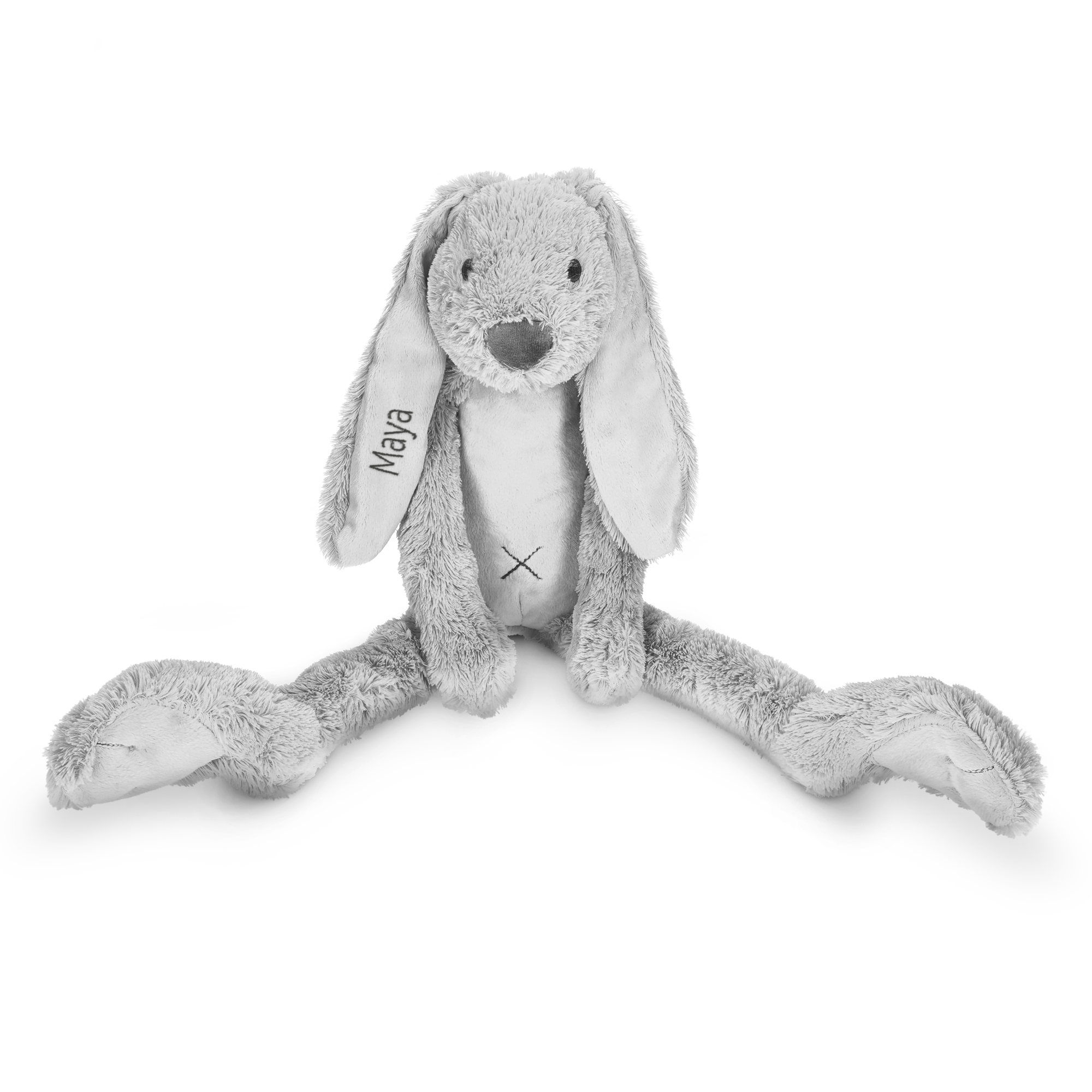 Grey Rabbit Richie plush toy with embroidered Maya name on the ear, a personalized rabbit plush featuring your chosen name