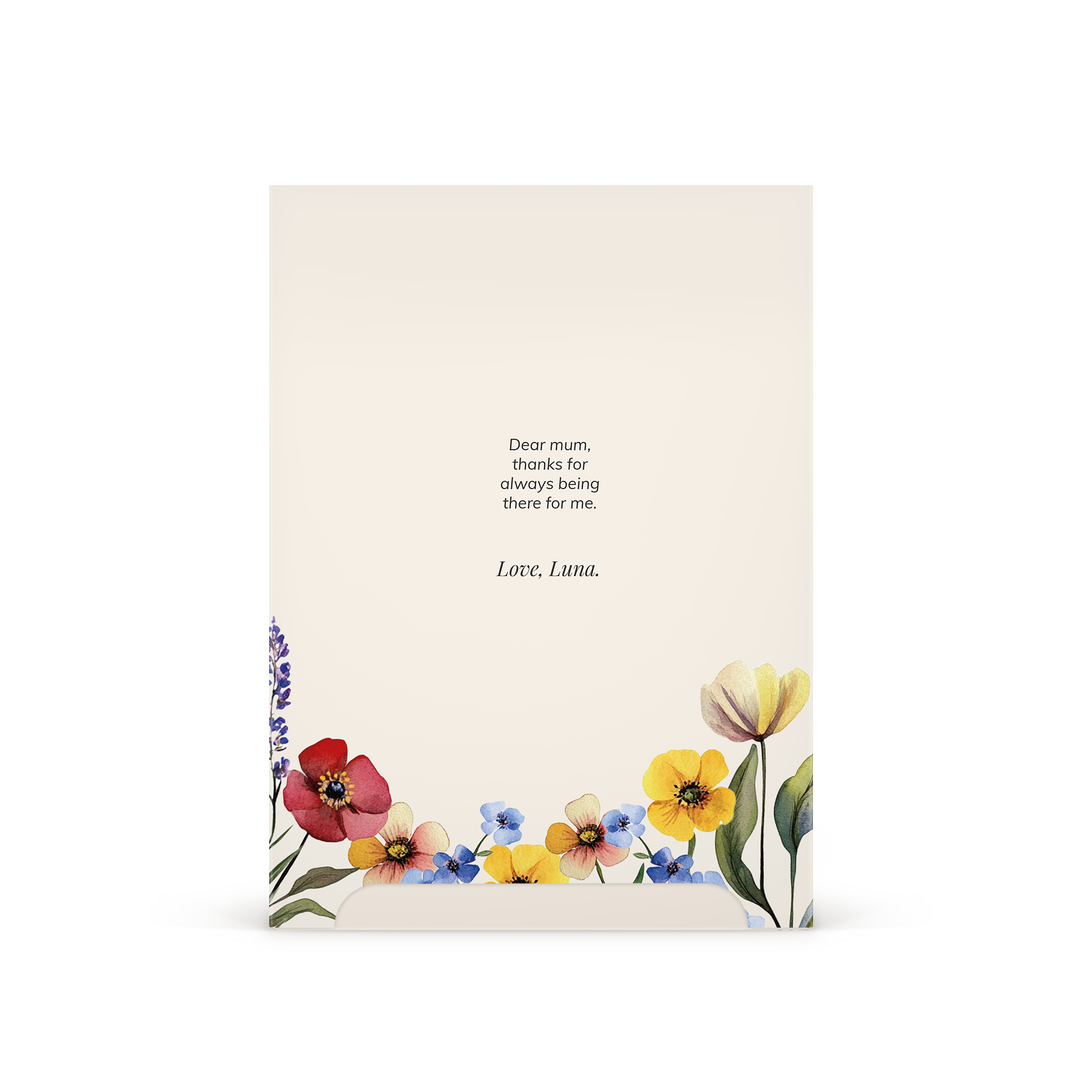 Tarjeta personalizada con flores de colores, texto impreso "Dear mum, thanks for always being there for me. Love, Luna." para una caja de regalo única.