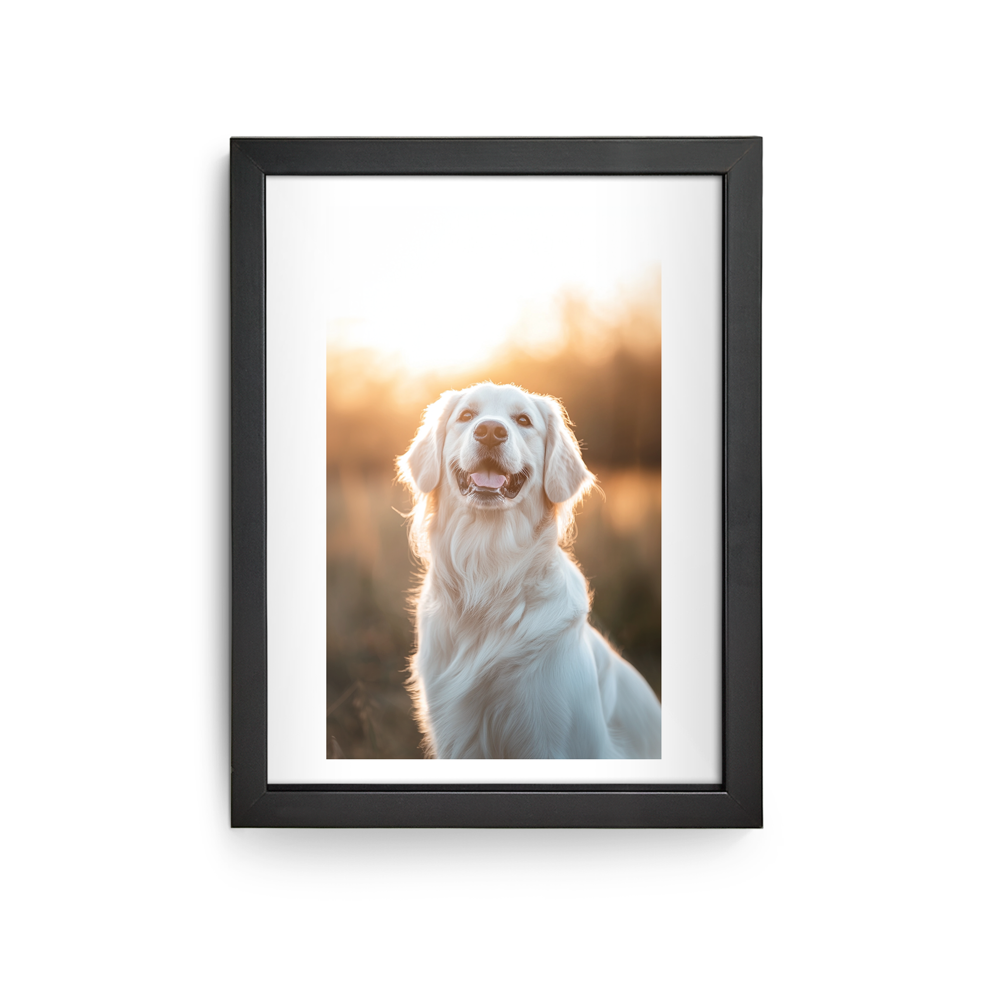 Plakat med foto af en golden retriever i sort træramme, trykt med et personligt foto