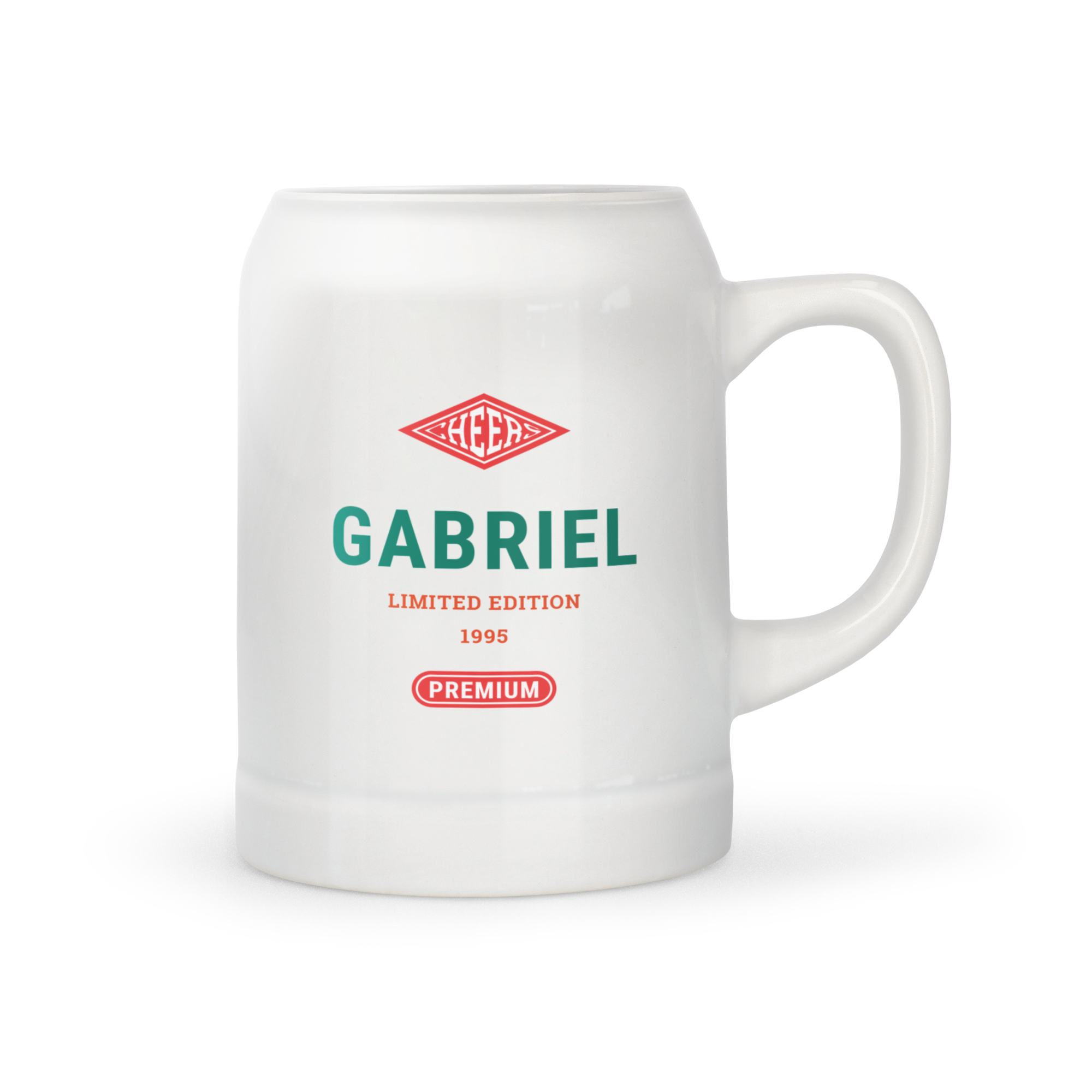 Ölmugg i keramik tryckt med namnet Gabriel, texten Limited Edition 1995 och Premium. En rolig ölmugg personifierad med eget foto och text.