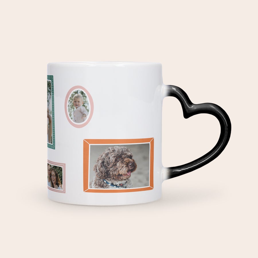 Caneca personalizada - Caneca mágica Caneca mágica com asa em forma de coração, com fotos impressas personalizadas de bebé, cão e mulher.