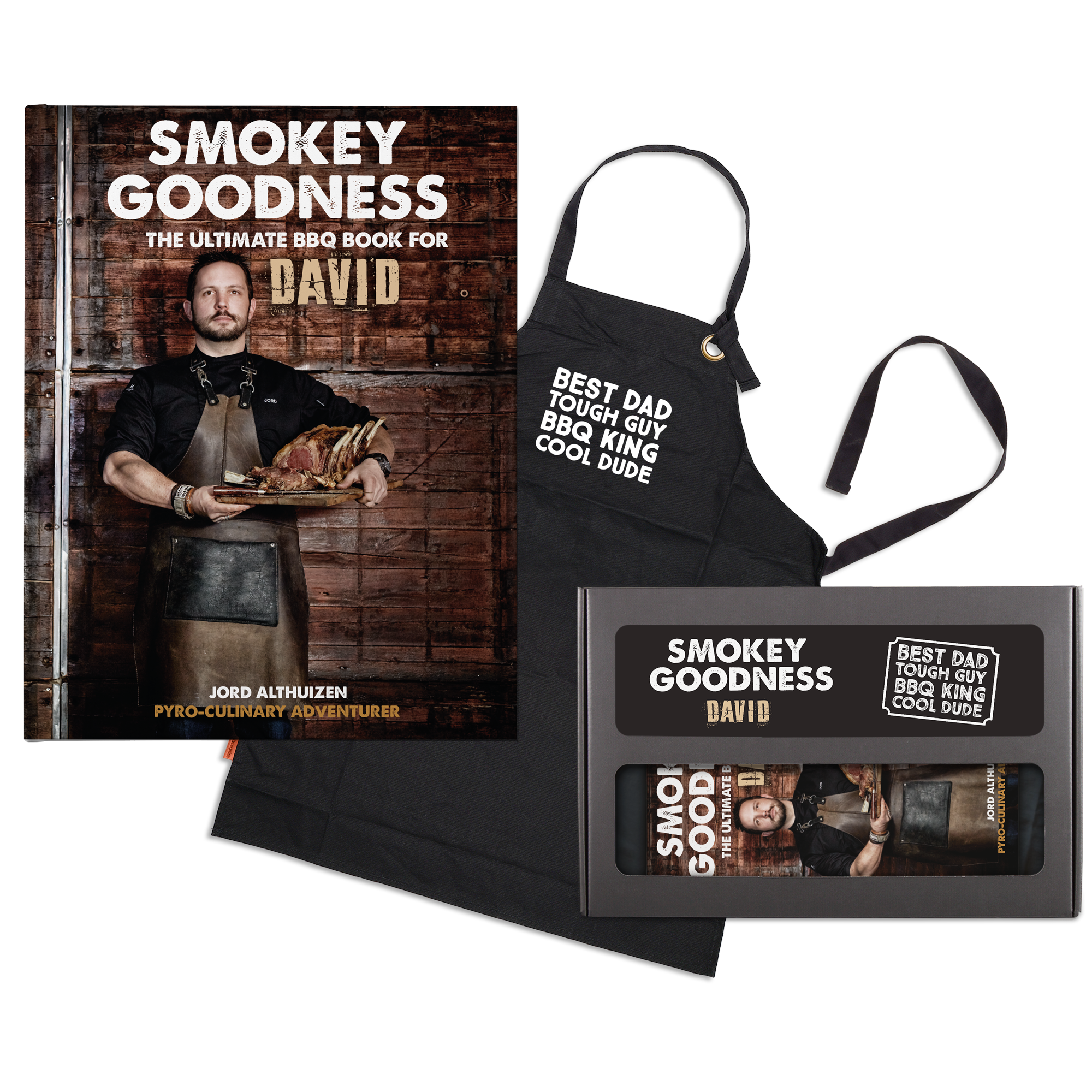 Personalized Smokey Goodness BBQ gift set with a cookbook featuring the name David and a Best Dad apron.