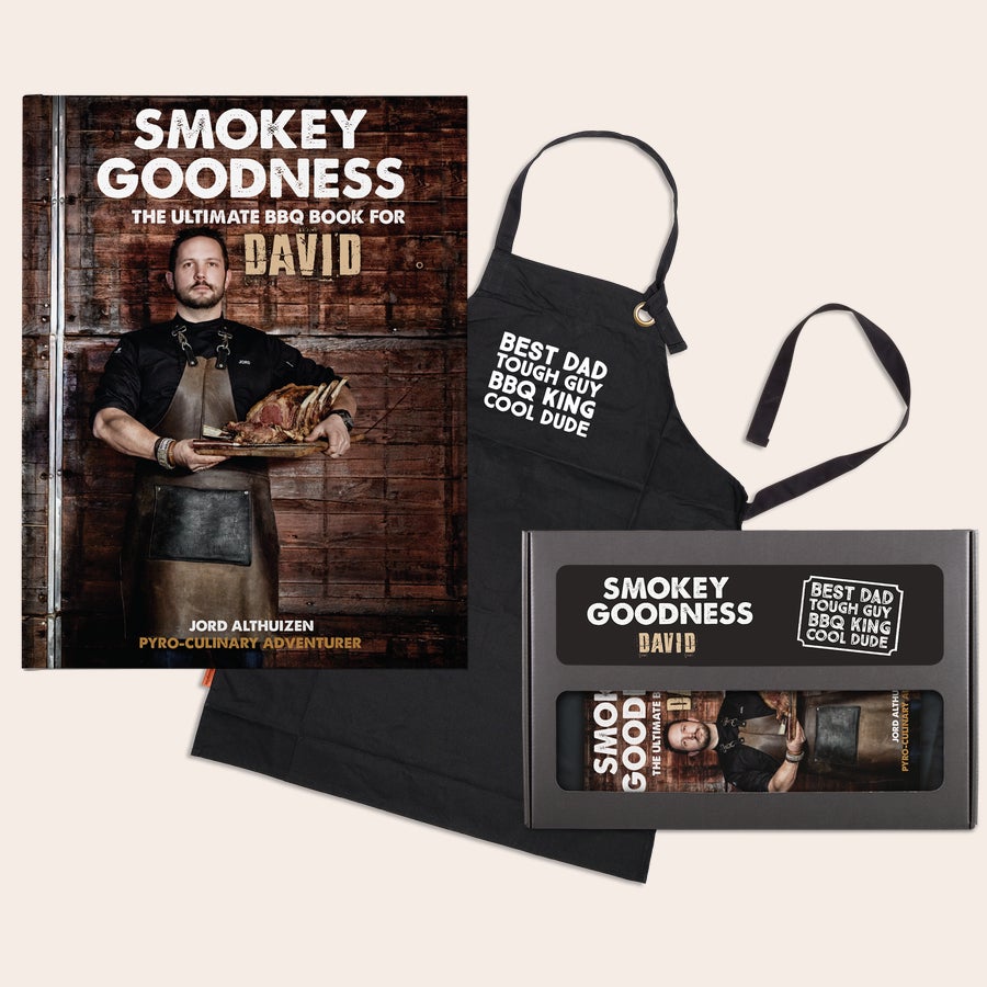 Personalised book - Smokey Goodness Personalized Smokey Goodness BBQ gift set with a cookbook featuring the name David and a Best Dad apron.