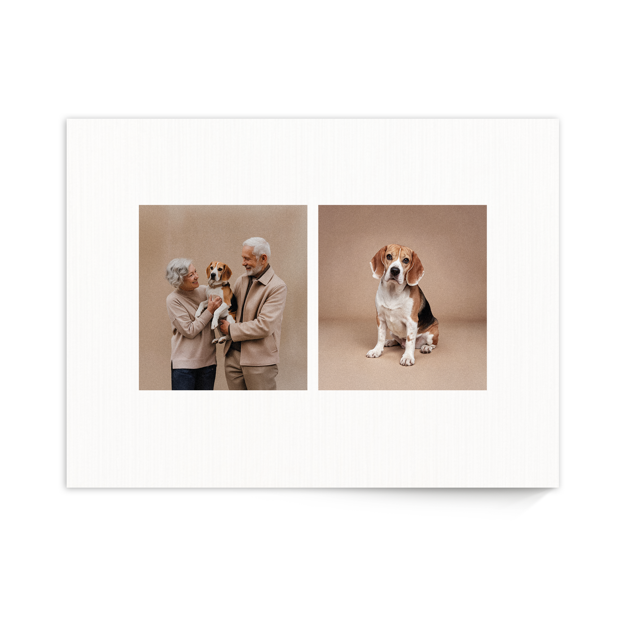 Fotopaneel met twee gepersonaliseerde foto's op hout van beagles, links met oudere mensen