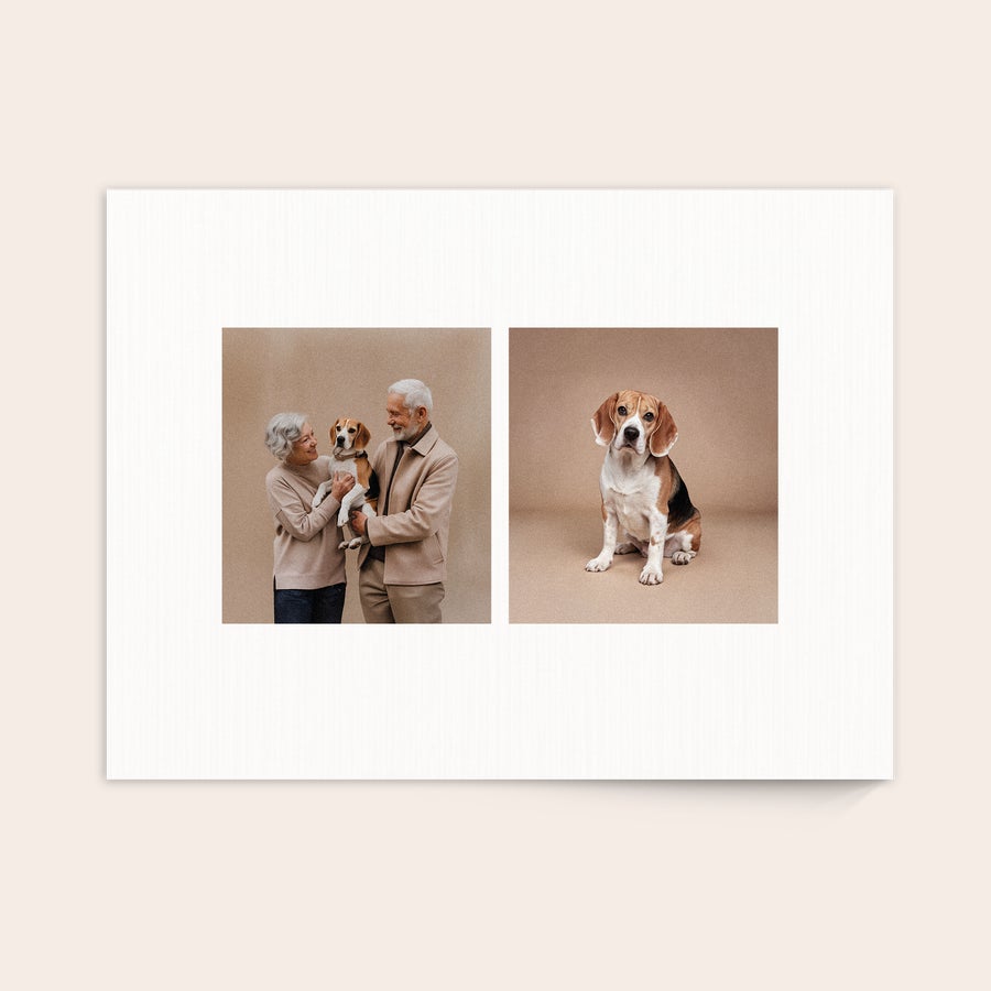 Foto en madera Decoración de pared rectangular con una foto de una pareja mayor y su perro impresa en madera