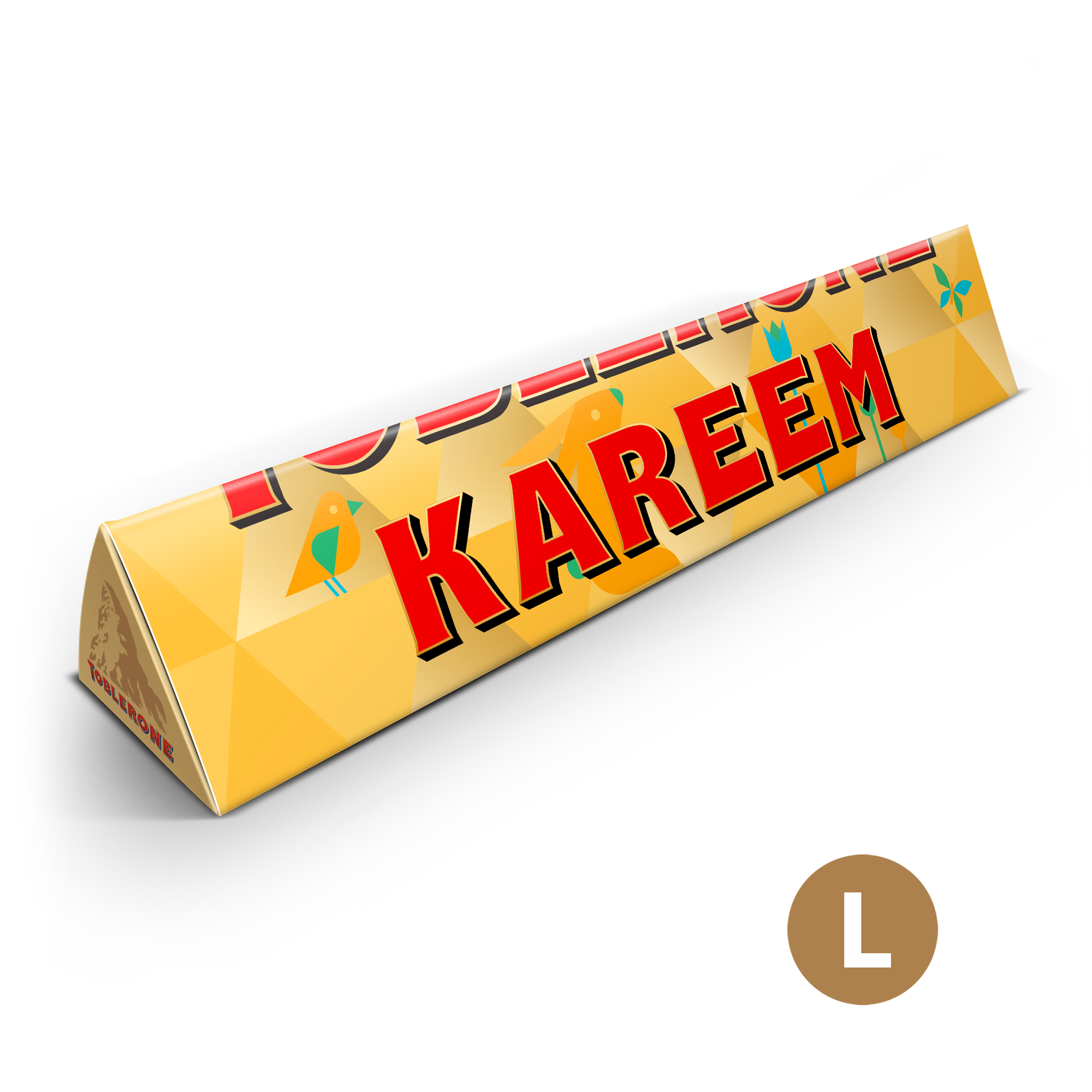 Gepersonaliseerde Toblerone paasreep met naam Kareem en gele paasprint met vogels.