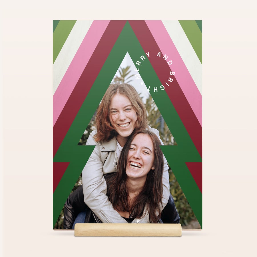 Cartoline di Natale con foto in legno Cartolina natalizia personale di legno con foto di due amiche e scritta Merry and Bright