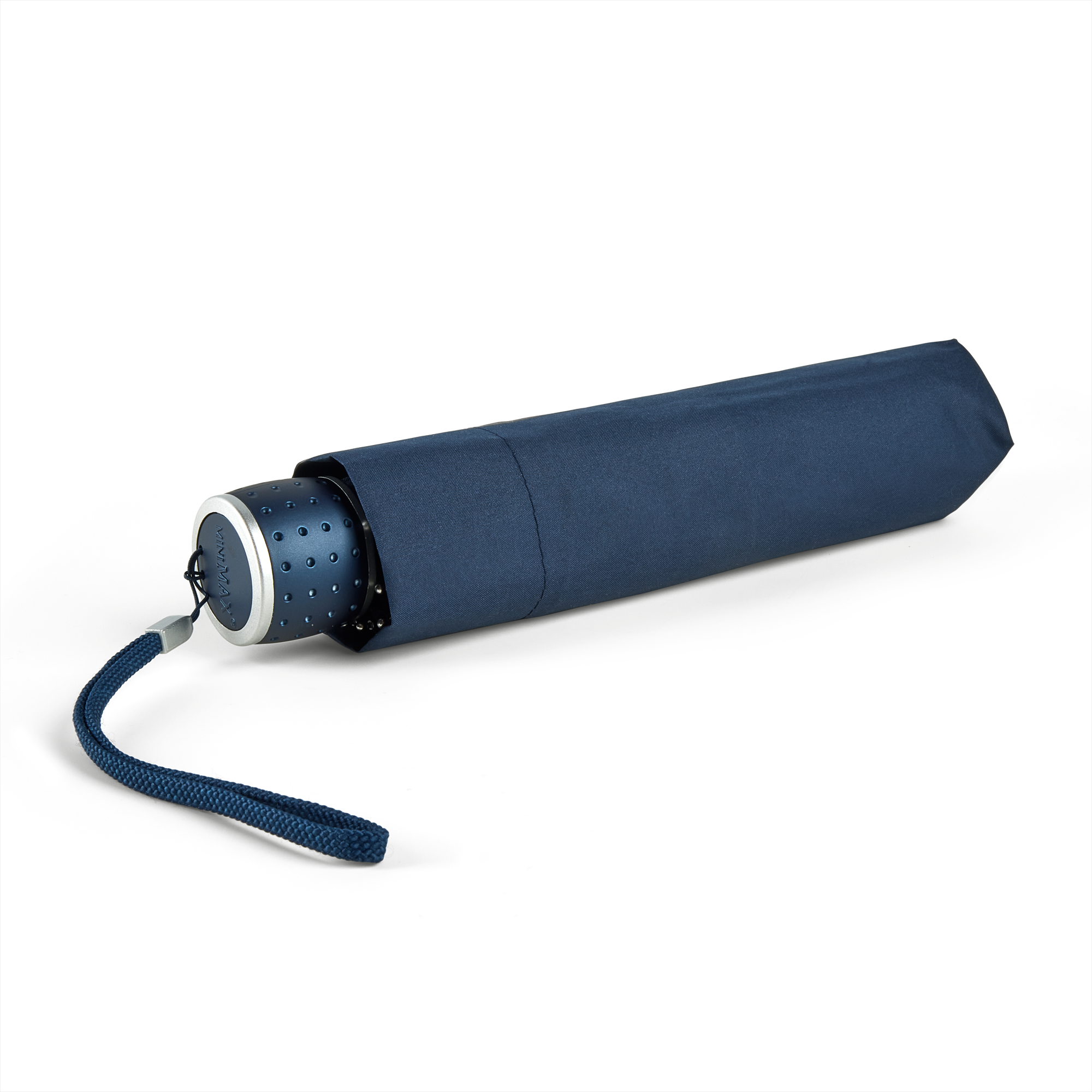 Parapluie de poche bleu marine fermé avec lanière, imprimé avec votre propre design